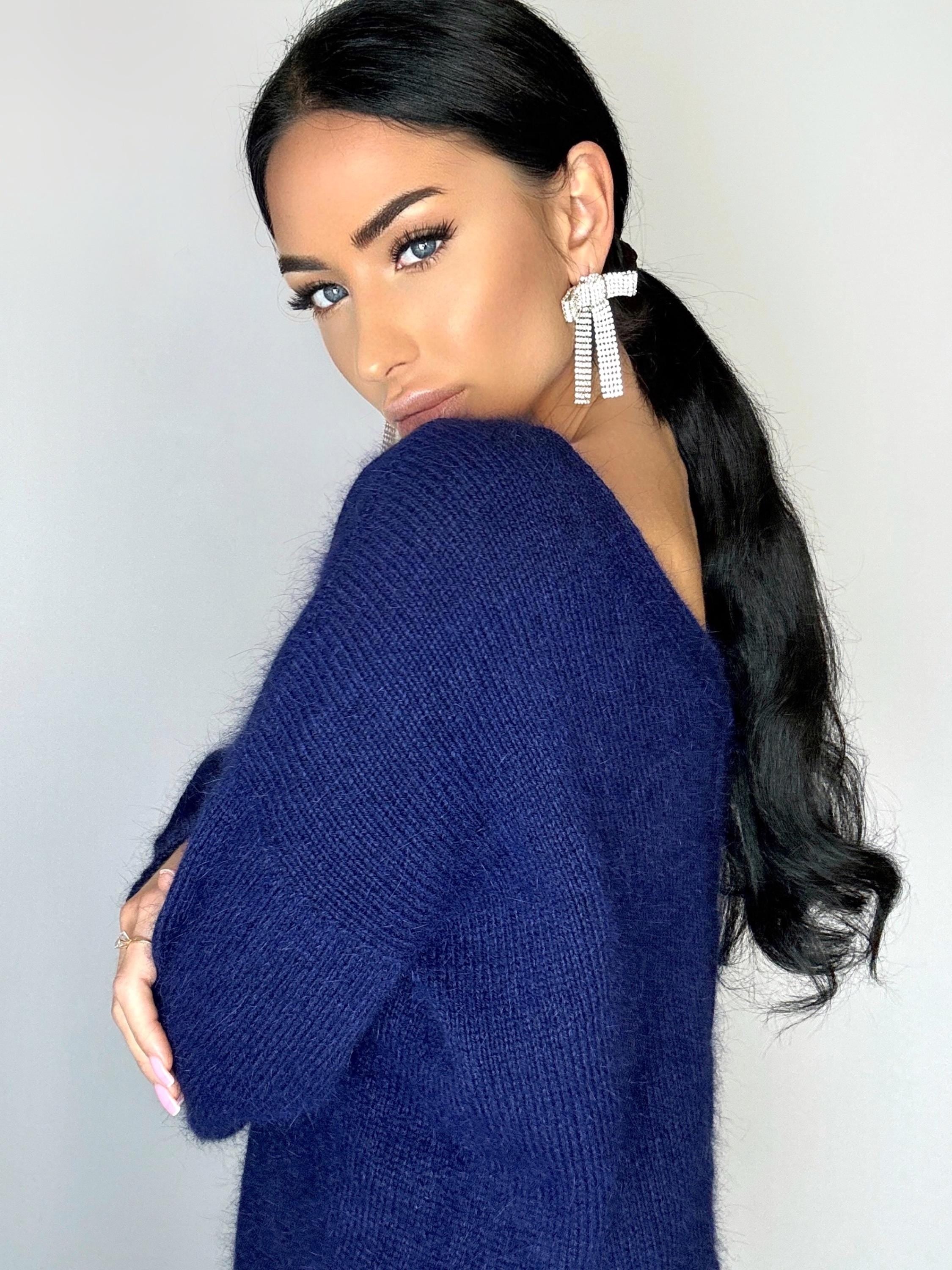 Dark blue angora sweater Open back Deep neckline Knit fluffy angora pullover Loose fit oversized V-neck Top long sleevs Cozy gift her