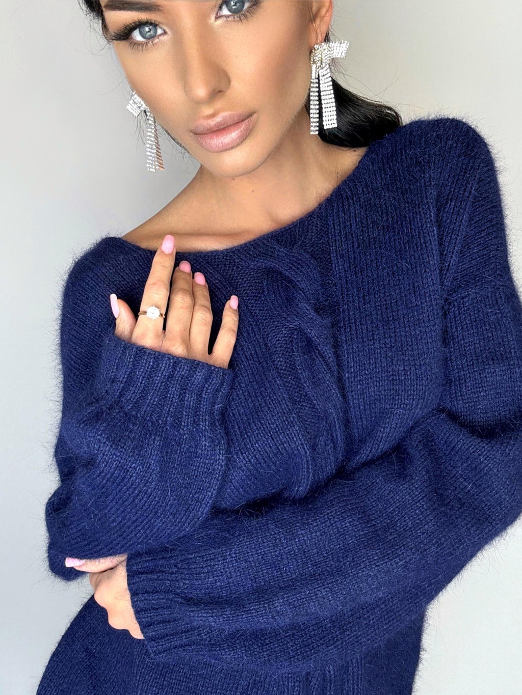 Dark blue angora sweater Open back Deep neckline Knit fluffy angora pullover Loose fit oversized V-neck Top long sleevs Cozy gift her