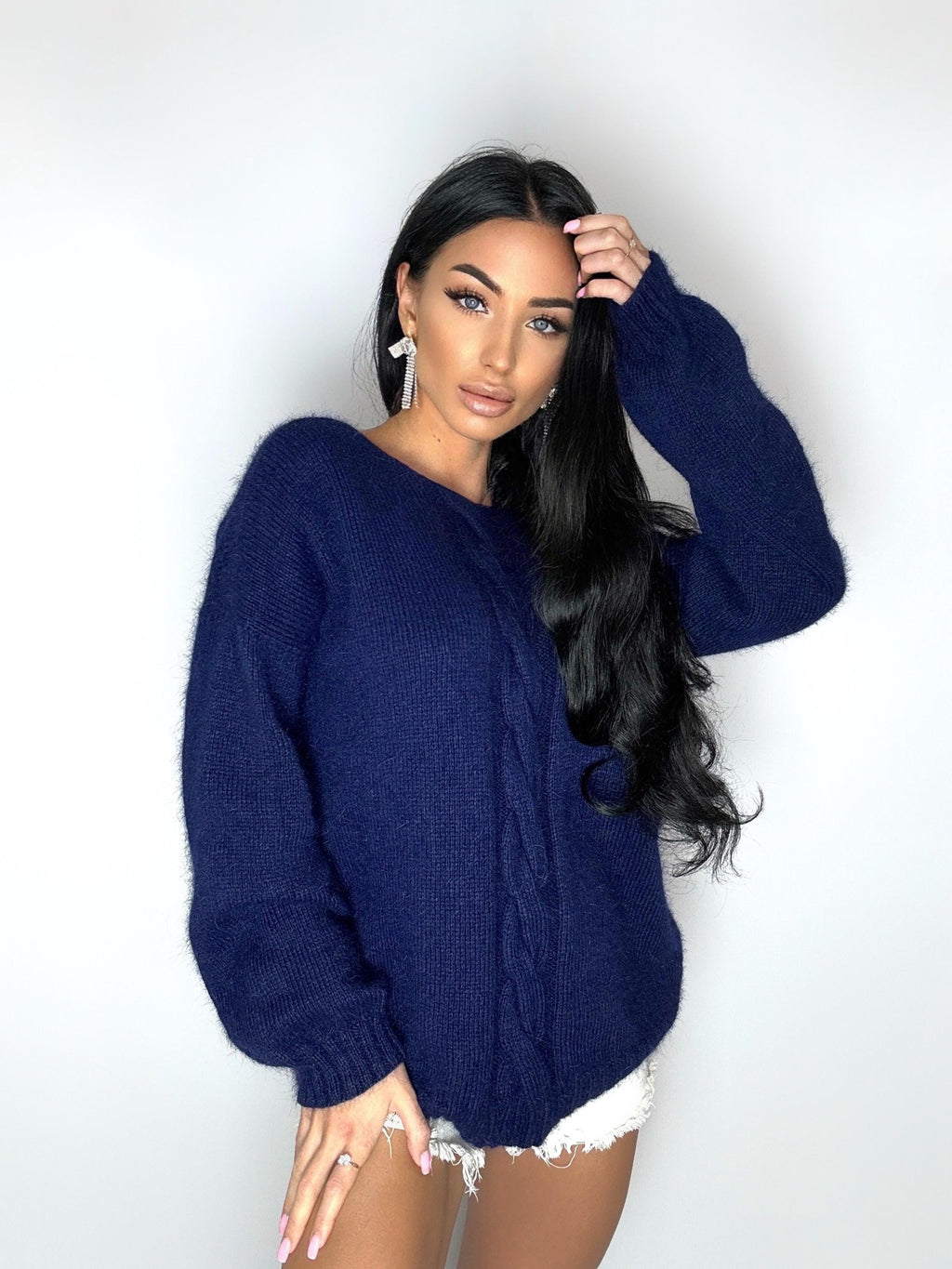 Dark blue angora sweater Open back Deep neckline Knit fluffy angora pullover Loose fit oversized V-neck Top long sleevs Cozy gift her