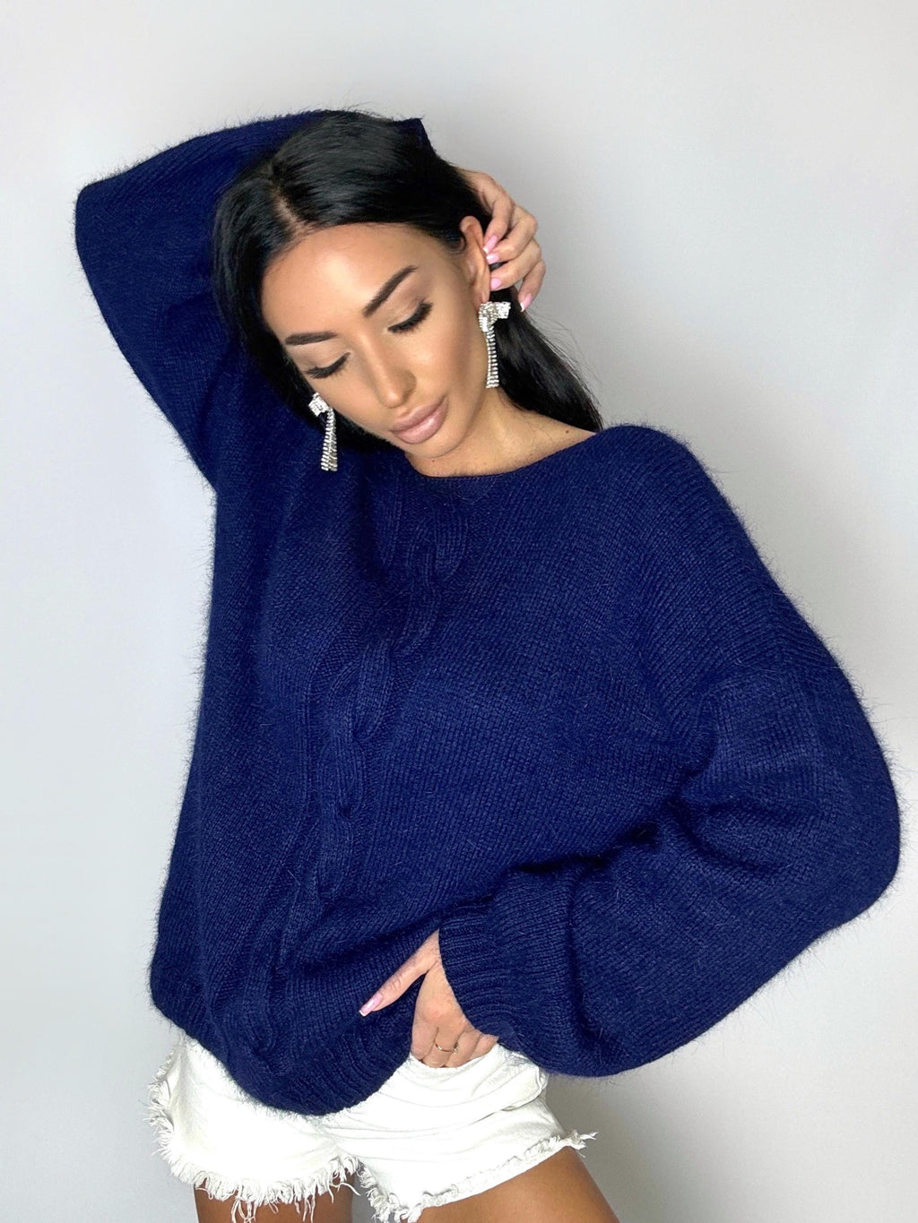 Dark blue angora sweater Open back Deep neckline Knit fluffy angora pullover Loose fit oversized V-neck Top long sleevs Cozy gift her