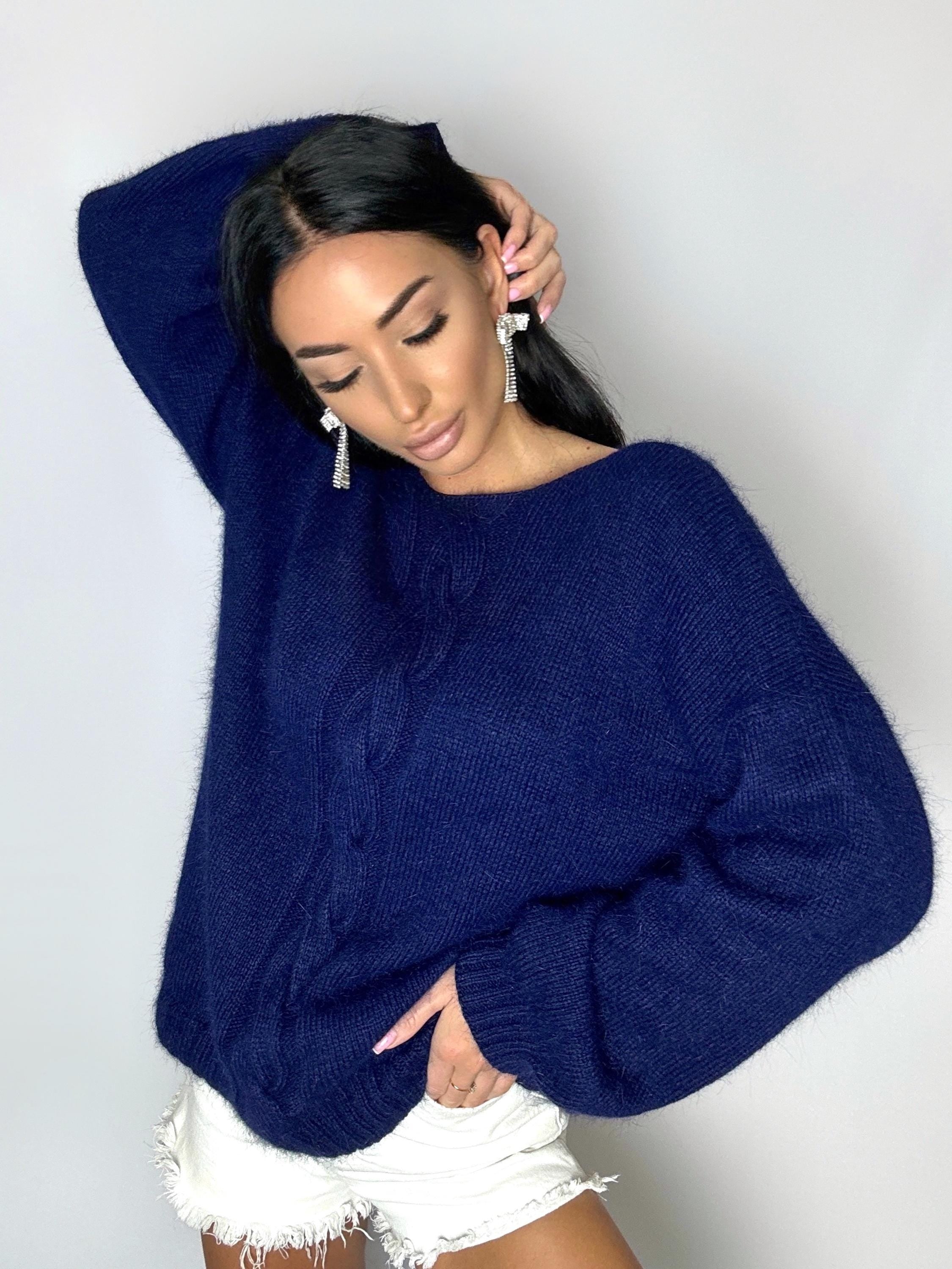 Dark blue angora sweater Open back Deep neckline Knit fluffy angora pullover Loose fit oversized V-neck Top long sleevs Cozy gift her