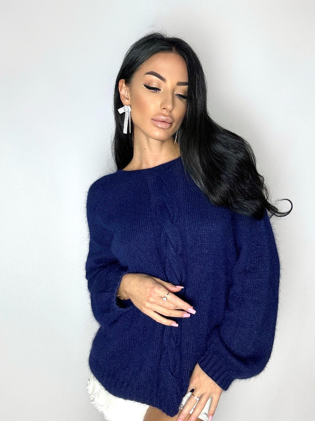 Dark blue angora sweater Open back Deep neckline Knit fluffy angora pullover Loose fit oversized V-neck Top long sleevs Cozy gift her