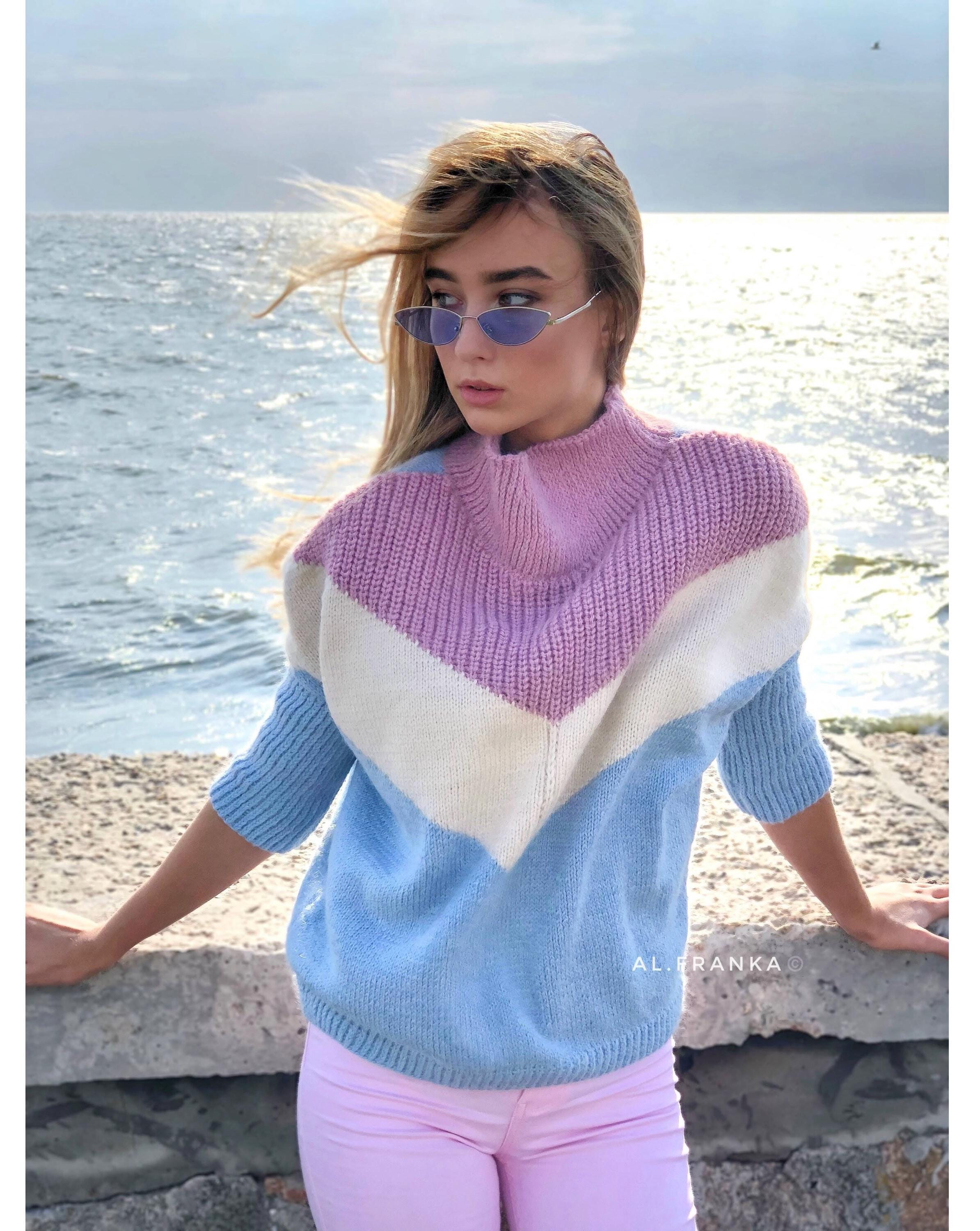 Knit alpaca wool fall sweater high neck turtleneck Light pink blue white Cropped sleeve Oversized jumper Large sweater vintage high collar