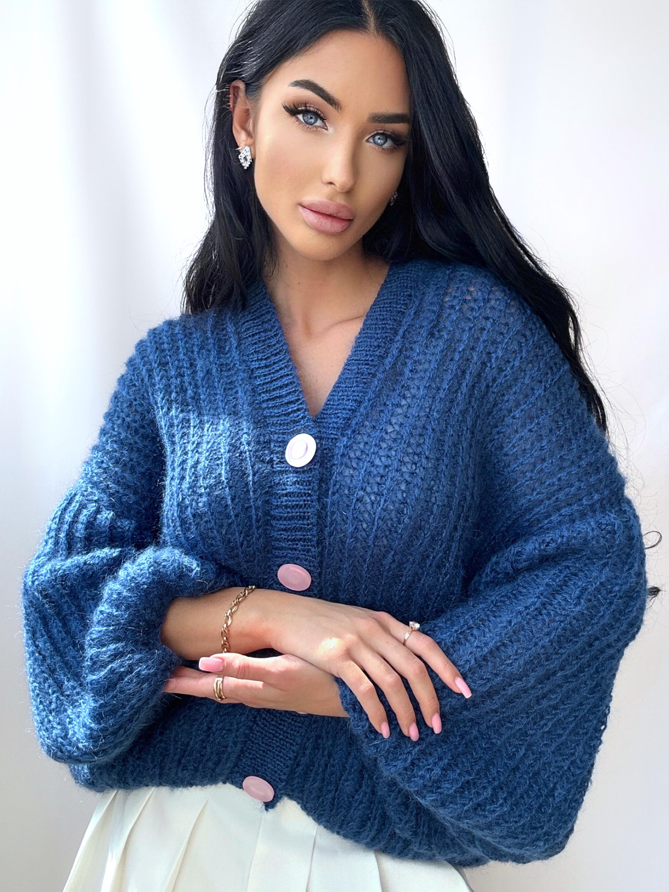Knit mohair Blue Petrol Buttons Cardigan Women Mohair Sweater Knitted Coat Jacket Wool Bolero Cape Fluffy Crop fluffy Cardigan