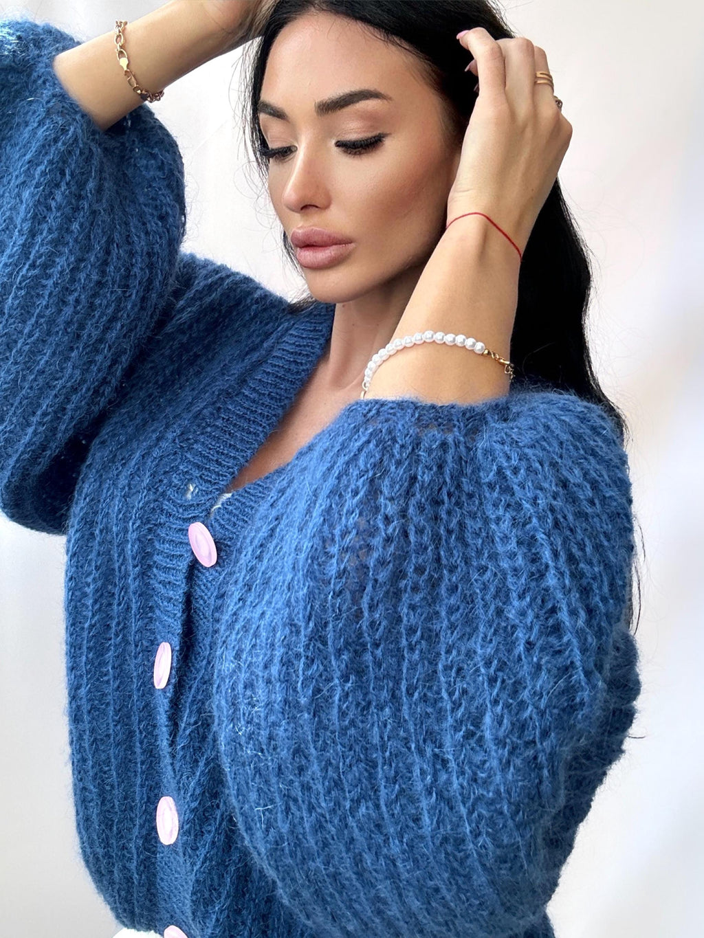 Mohair Blue Petrol Pink Buttons Cardigan Women Mohair Sweater Knitted Coat Jacket Women Wool Bolero Cape Fluffy Short Cardigan Fastening