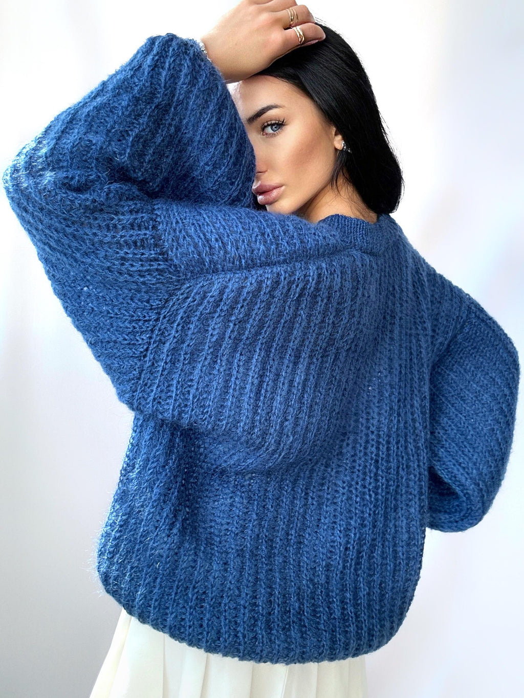 Knit mohair Blue Petrol Buttons Cardigan Women Mohair Sweater Knitted Coat Jacket Wool Bolero Cape Fluffy Crop fluffy Cardigan
