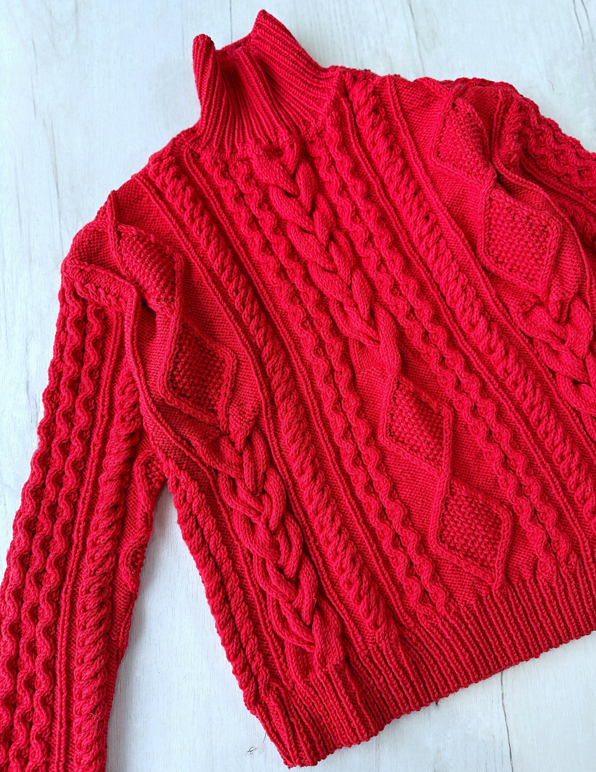 Hand Knitted Red Merino Wool Scandinavian Sweater Chunky knit turtleneck pullover Oversize crop sweater Women cable knit sweater White Beige