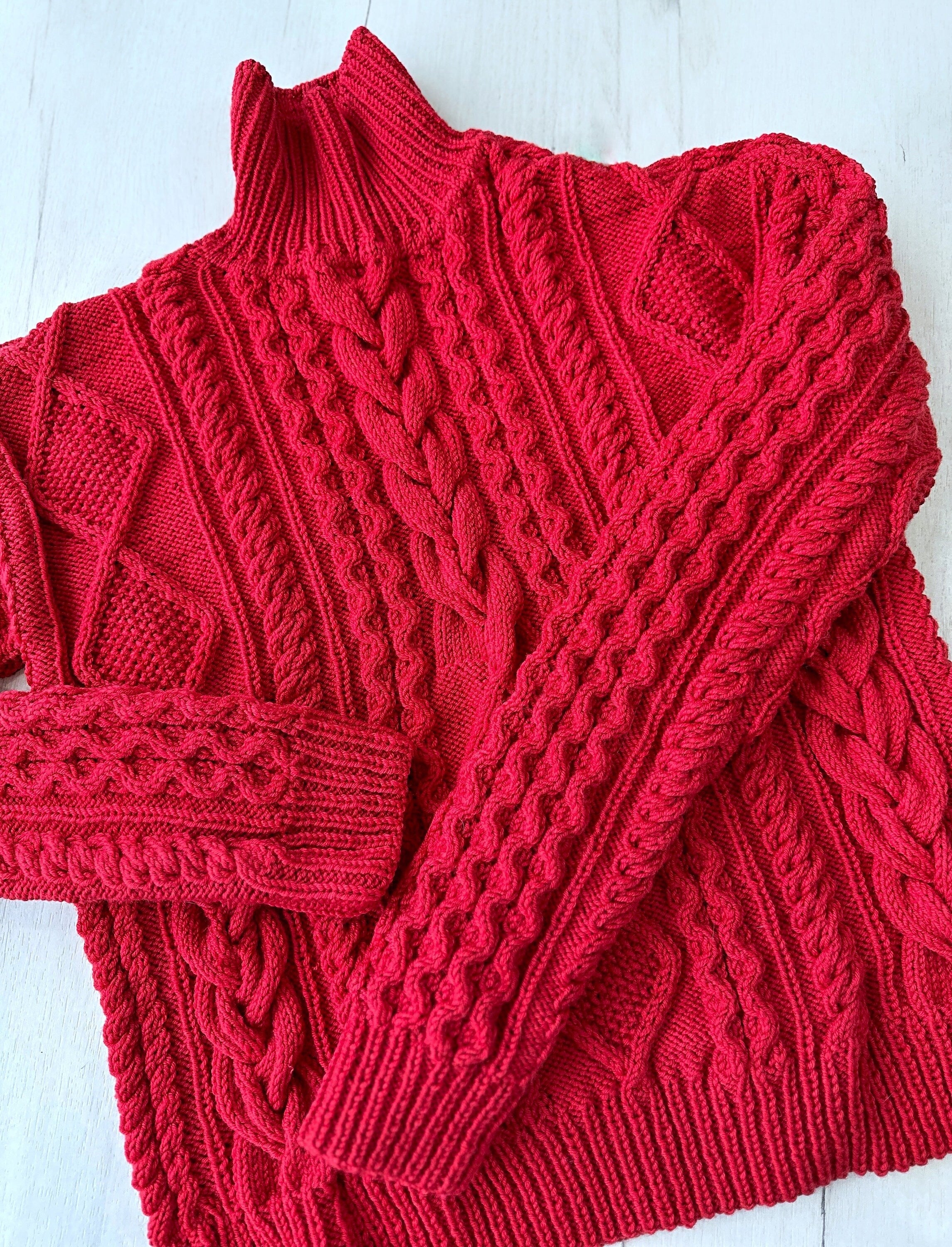 Hand Knitted Red Merino Wool Scandinavian Sweater Chunky knit turtleneck pullover Oversize crop sweater Women cable knit sweater White Beige
