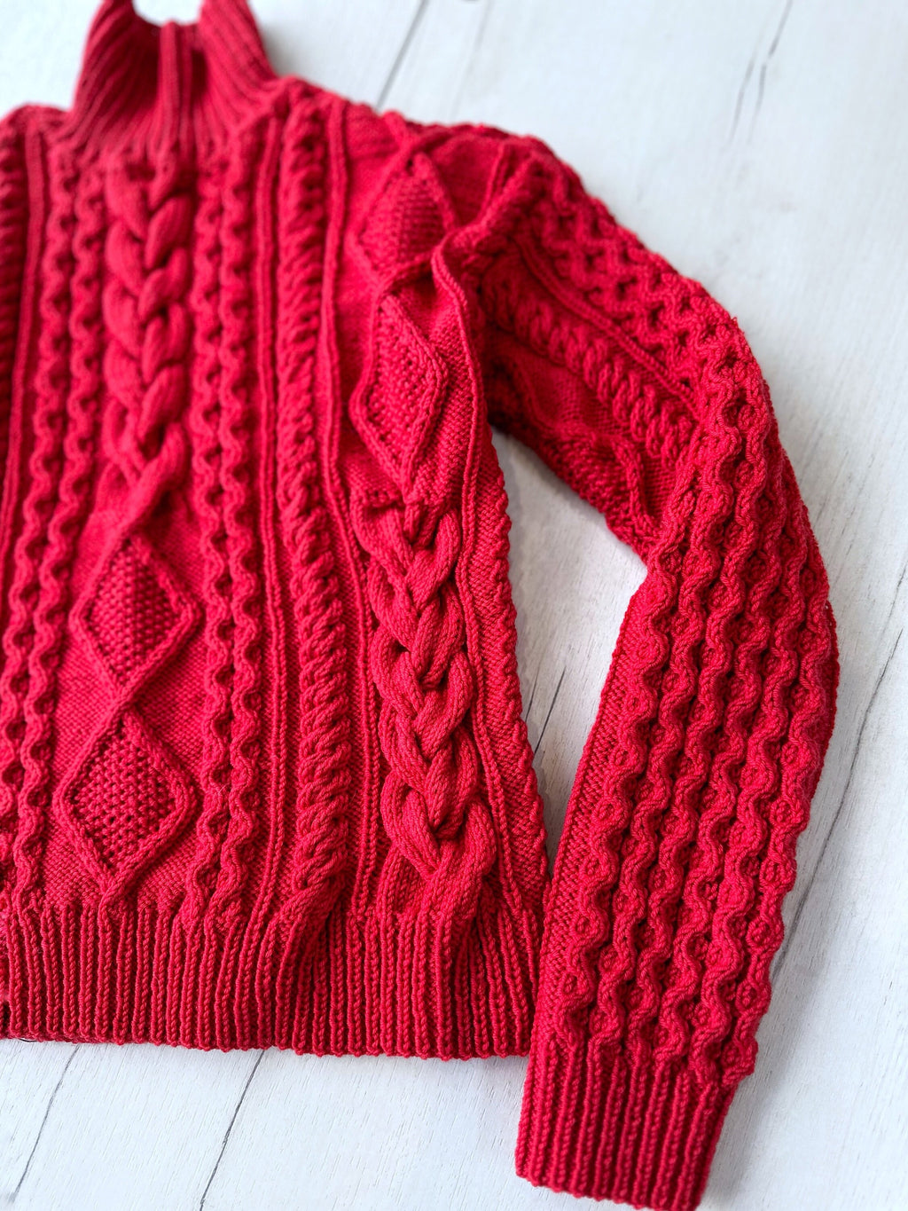 Hand Knitted Red Merino Wool Scandinavian Sweater Chunky knit turtleneck pullover Oversize crop sweater Women cable knit sweater White Beige