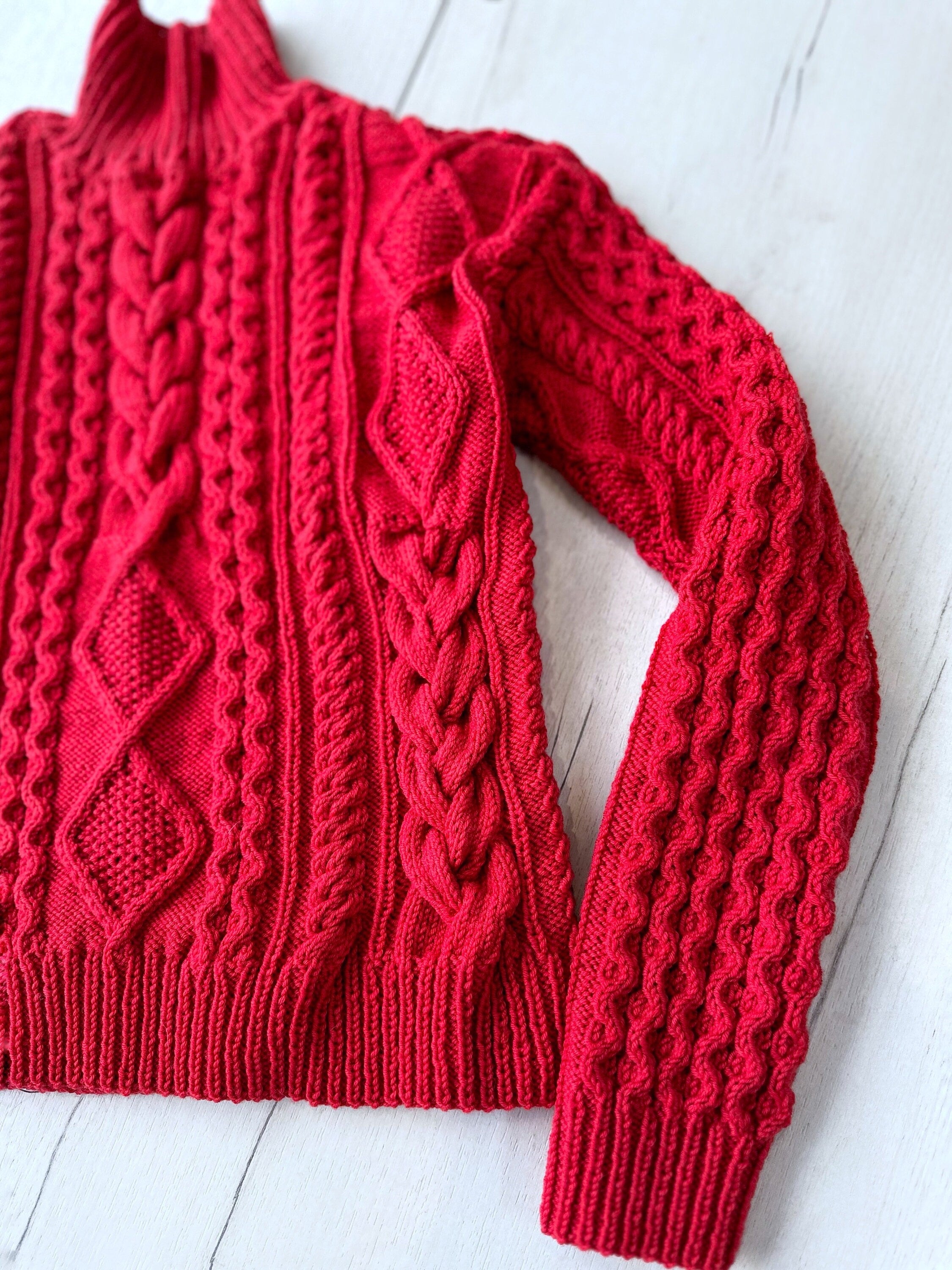 Hand Knitted Red Merino Wool Scandinavian Sweater Chunky knit turtleneck pullover Oversize crop sweater Women cable knit sweater White Beige