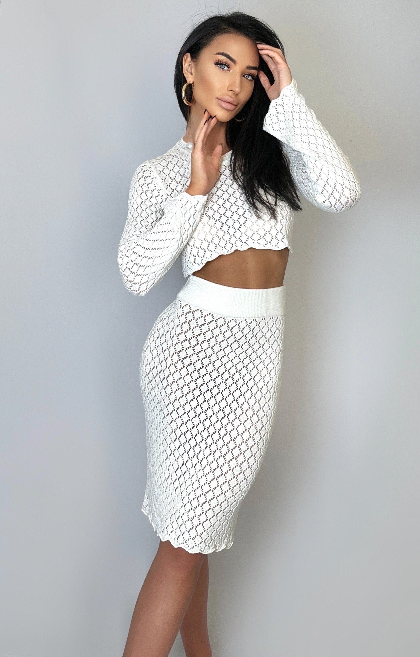 Crochet summer suit skirt long sleeve shirt Crochet top Two piece women suit set Crochet skirt Crop Crochet lace blouse Trendy set for women