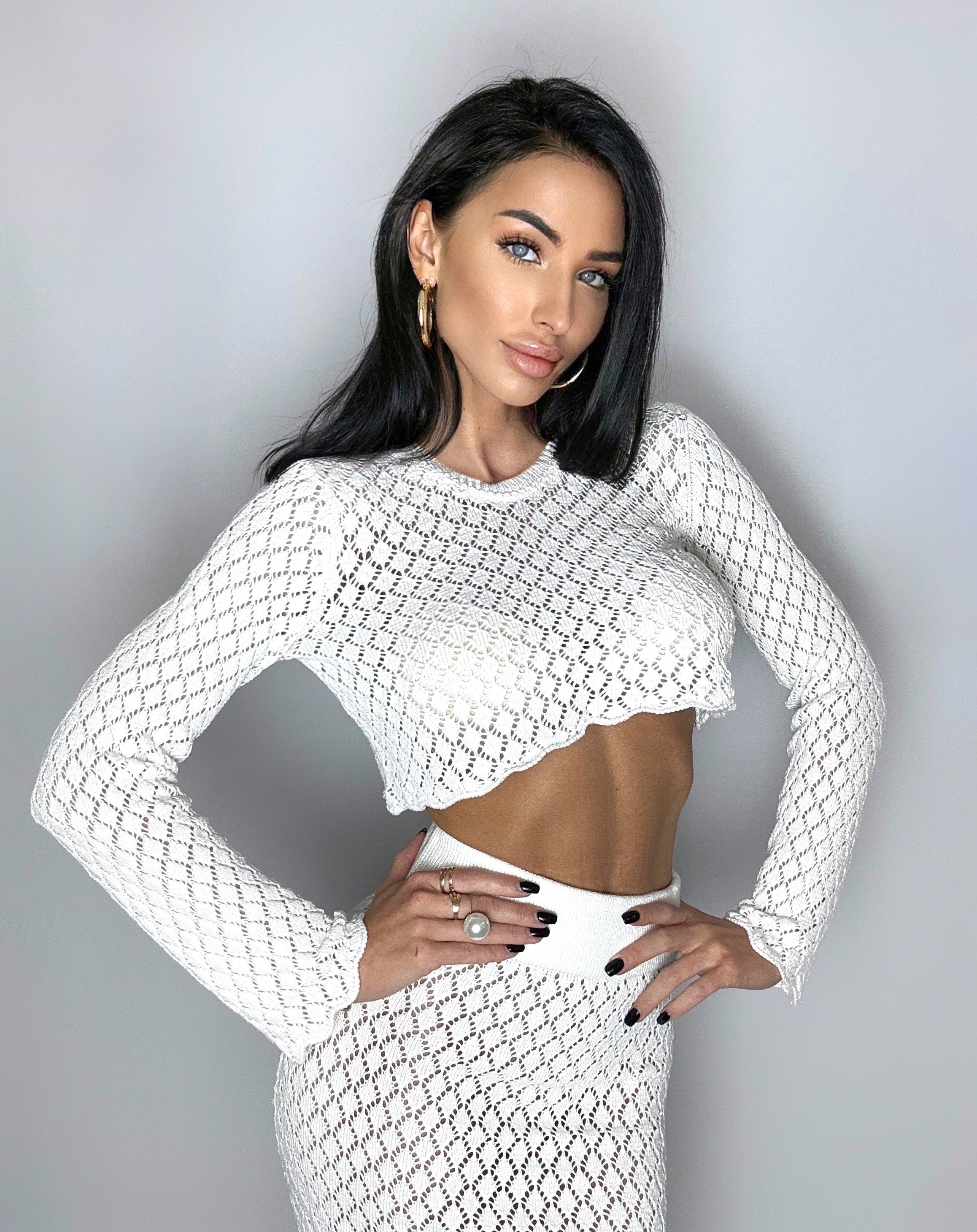 Crochet white cotton summer suit skirt long sleeve shirt Crochet top Two piece women suit set Crochet skirt Crop lace blouse Trendy set
