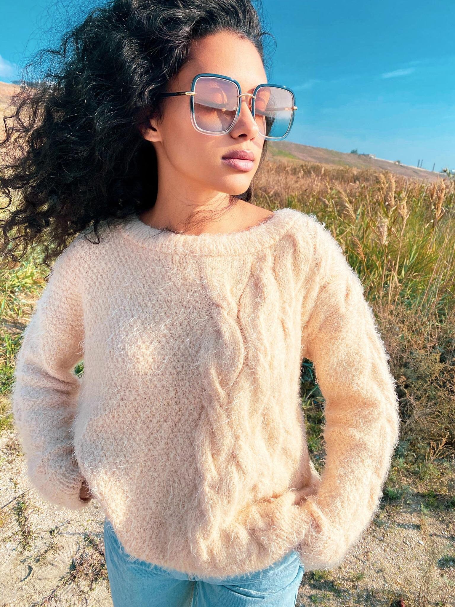 Soft fluffy free wool hand knitted oversized sweater women Eco body friendly Pastel Beige pullover Long sleeve pastel jumper Sustainable