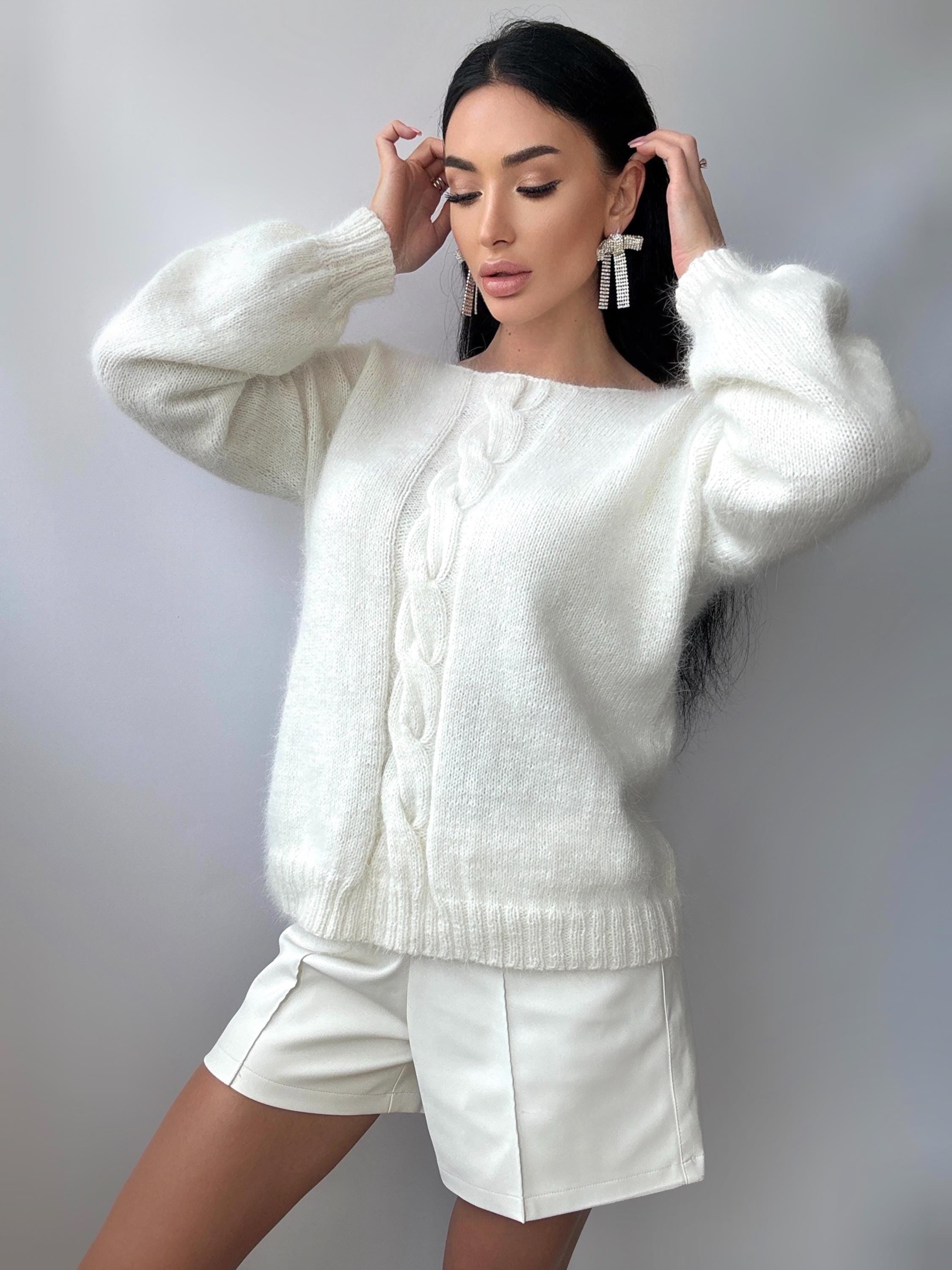 White Milk Cream angora sweater Open back Deep neckline Knit fluffy angora pullover Loose fit oversized V-neck Top long sleevs Cozy gift her