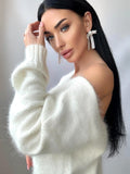 White Milk Cream angora sweater Open back Deep neckline Knit fluffy angora pullover Loose fit oversized V-neck Top long sleevs Cozy gift her