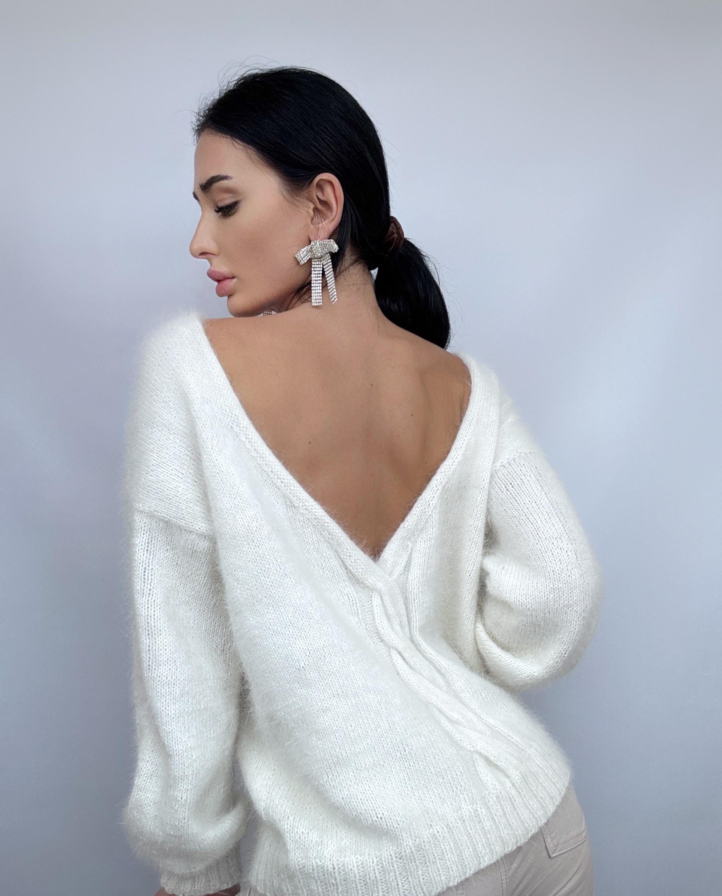 White Milk Cream angora sweater Open back Deep neckline Knit fluffy angora pullover Loose fit oversized V-neck Top long sleevs Cozy gift her