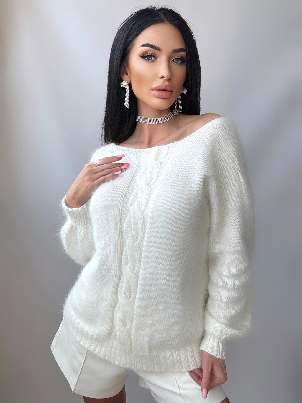 White Milk Cream angora sweater Open back Deep neckline Knit fluffy angora pullover Loose fit oversized V-neck Top long sleevs Cozy gift her