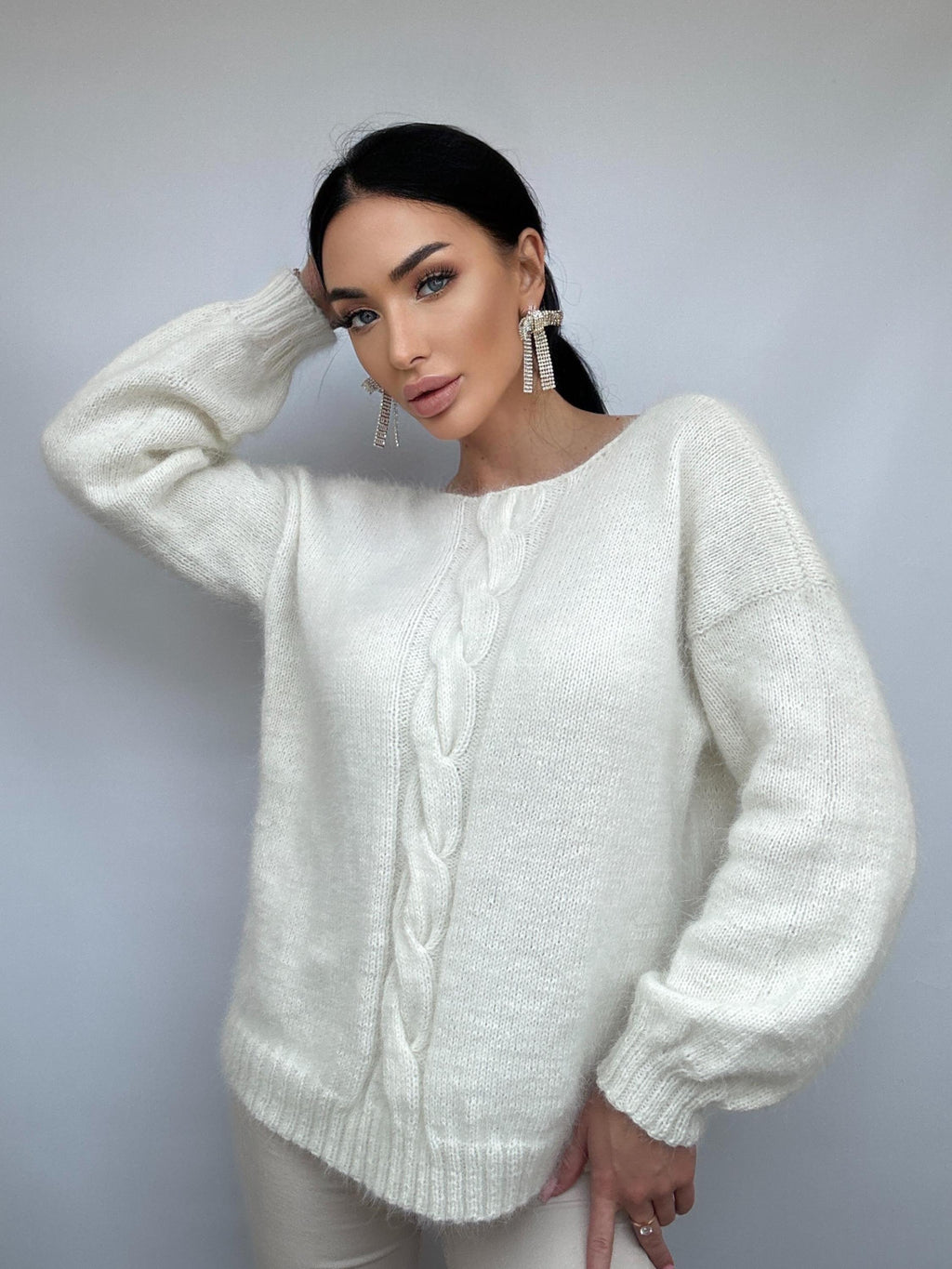 White Milk Cream angora sweater Open back Deep neckline Knit fluffy angora pullover Loose fit oversized V-neck Top long sleevs Cozy gift her