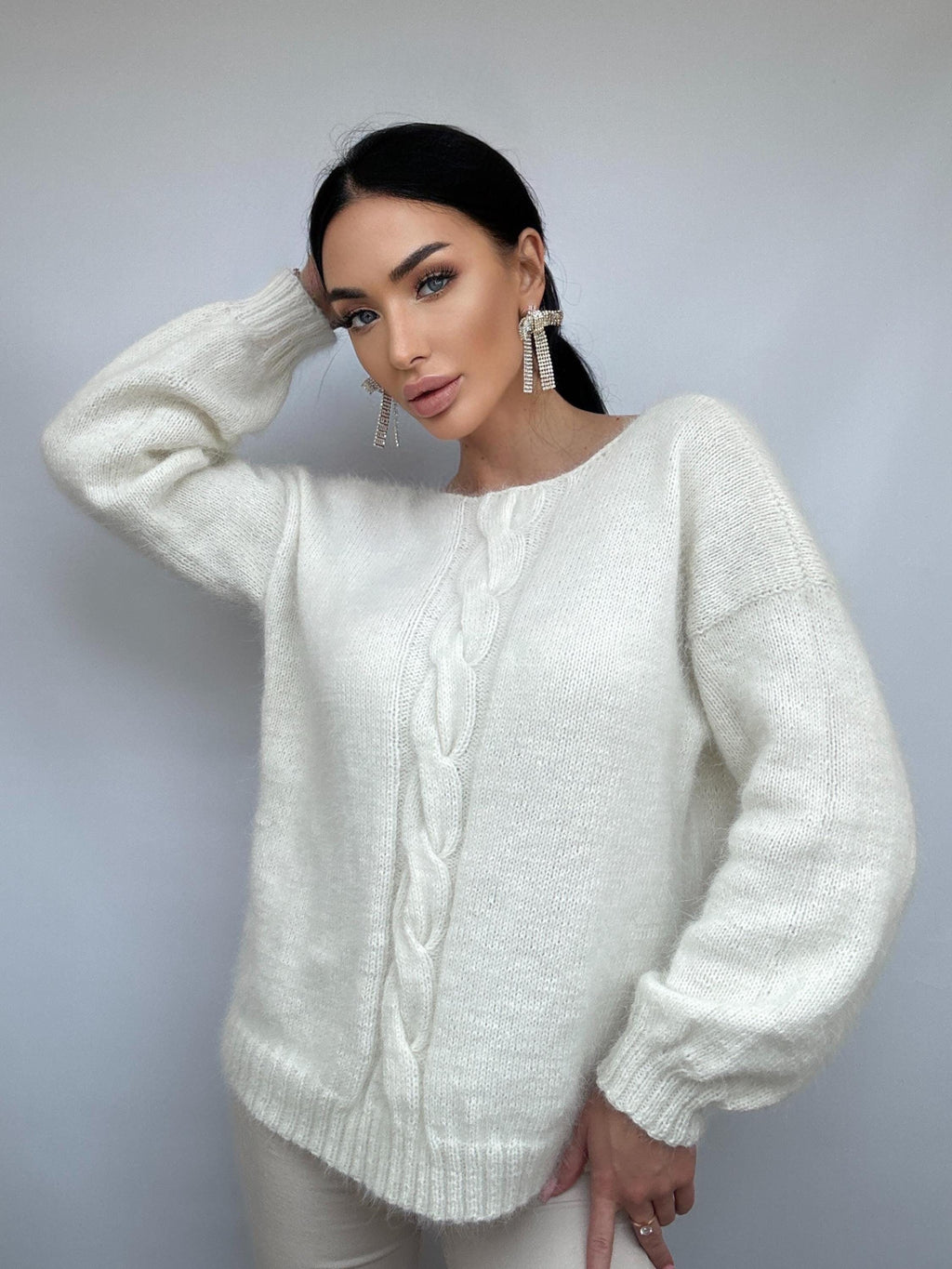 White Milk Cream angora sweater Open back Deep neckline Knit fluffy angora pullover Loose fit oversized V-neck Top long sleevs Cozy gift her