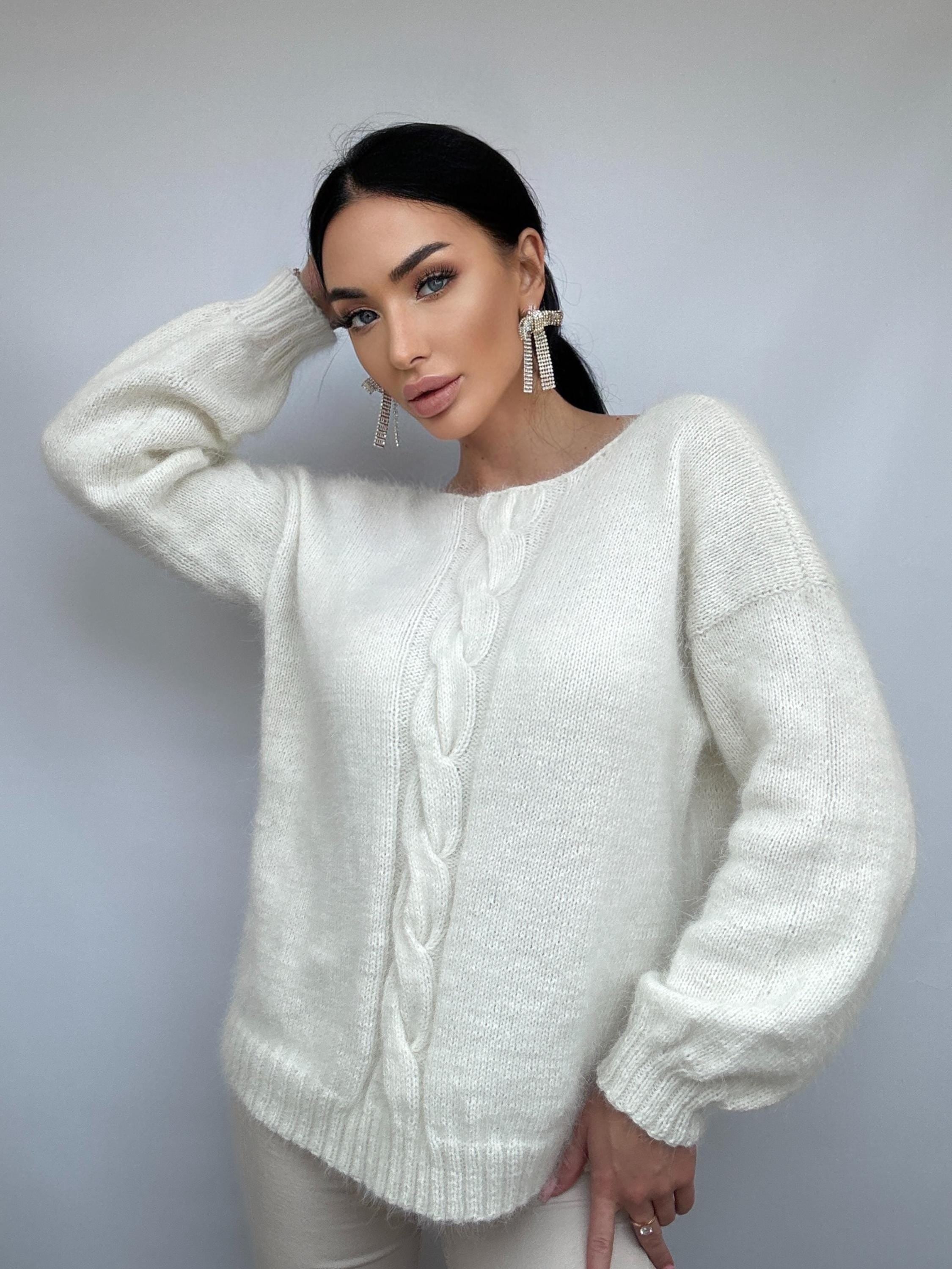 White Milk Cream angora sweater Open back Deep neckline Knit fluffy angora pullover Loose fit oversized V-neck Top long sleevs Cozy gift her