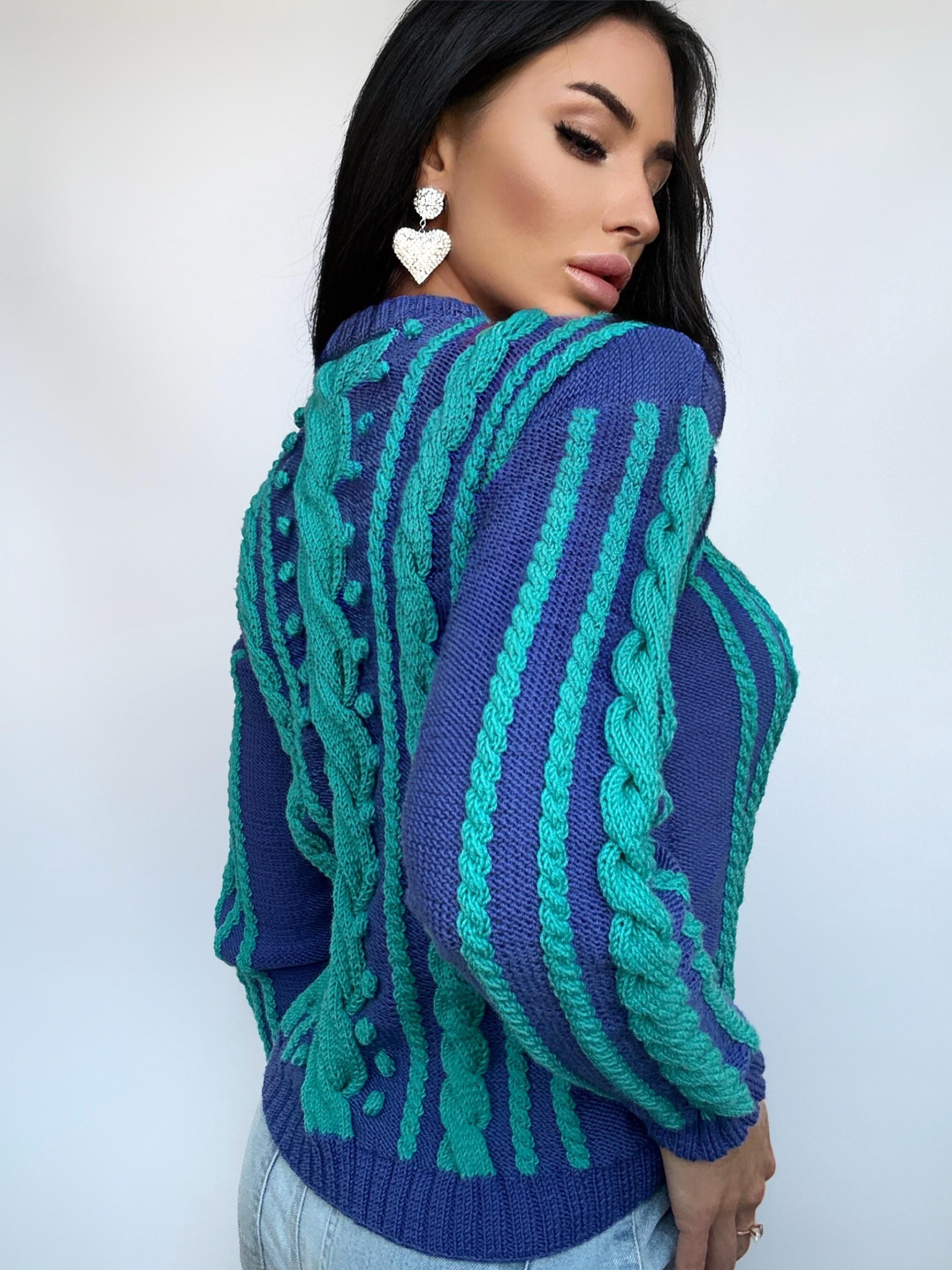 Merino wool hand knitted blue turquoise fall womens sweater Сable knit organic sustainable wool pullover Turtleneck Long narrow sleeves