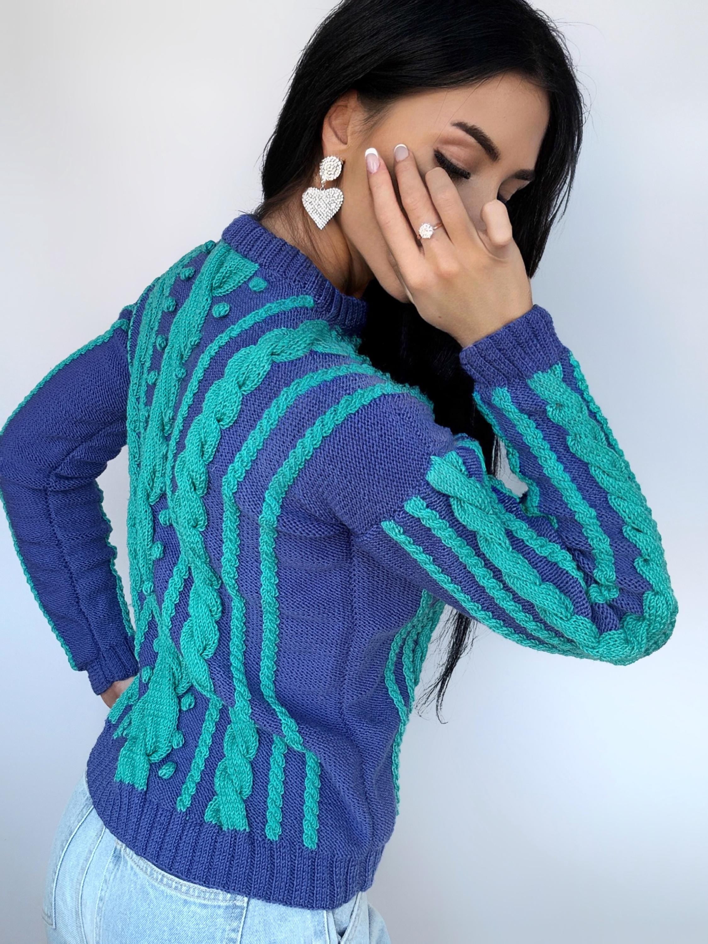 Merino wool hand knitted blue turquoise fall womens sweater Сable knit organic sustainable wool pullover Turtleneck Long narrow sleeves