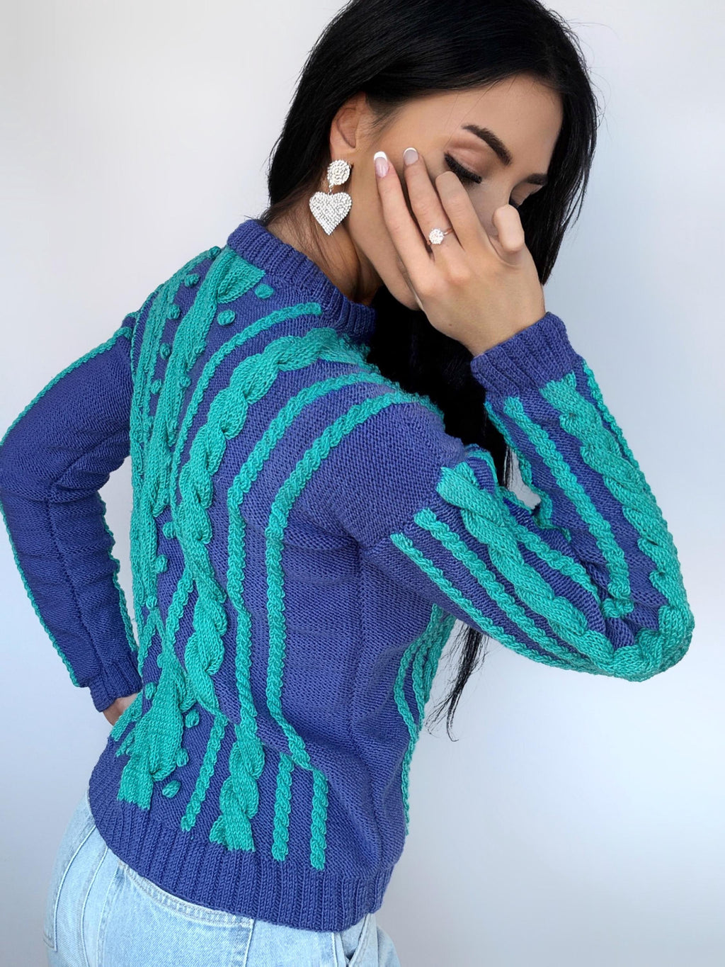 Knitted blue green turquoise fall womens sweater Braid embellishment beads pearl Knit Merino wool cable knit organic sustainable sweater