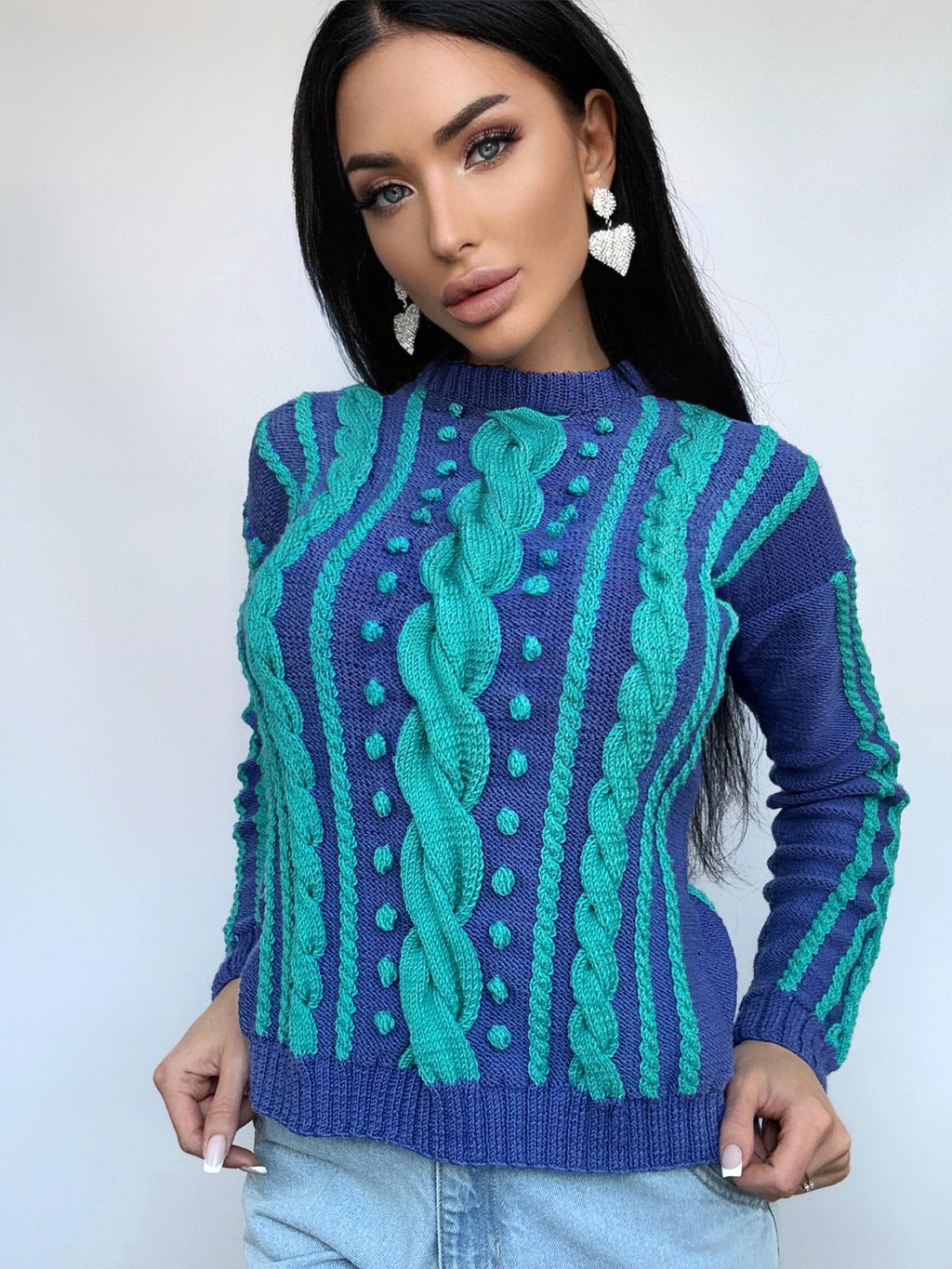 Knitted blue green turquoise fall womens sweater Braid embellishment beads pearl Knit Merino wool cable knit organic sustainable sweater