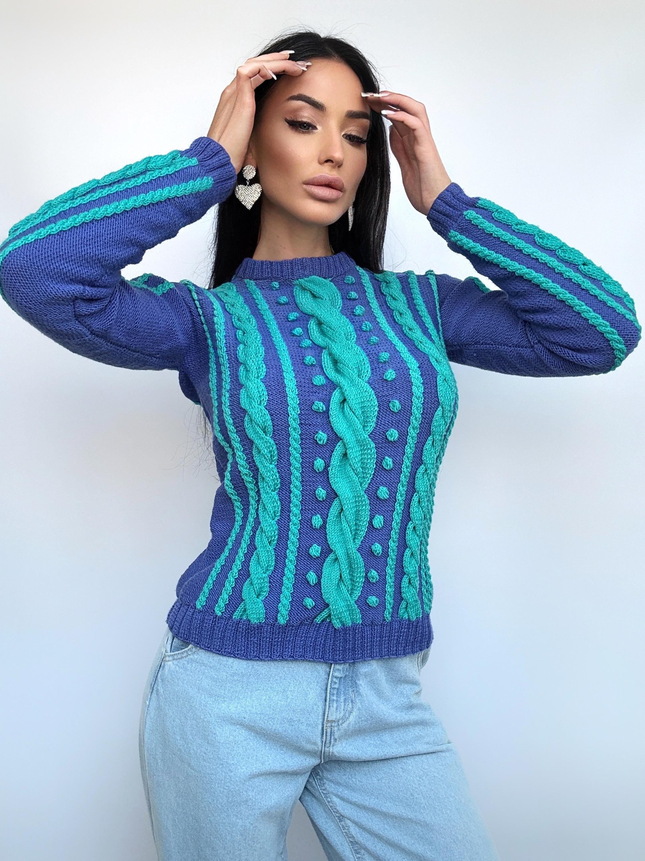 Knitted blue green turquoise fall womens sweater Braid embellishment beads pearl Knit Merino wool cable knit organic sustainable sweater