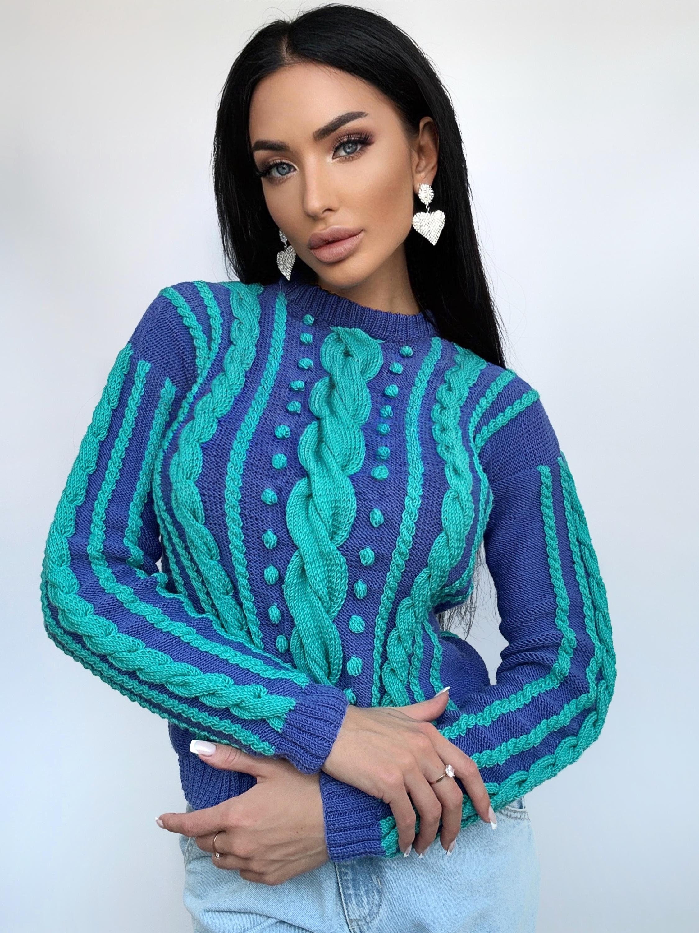 Merino wool hand knitted blue turquoise fall womens sweater Сable knit organic sustainable wool pullover Turtleneck Long narrow sleeves