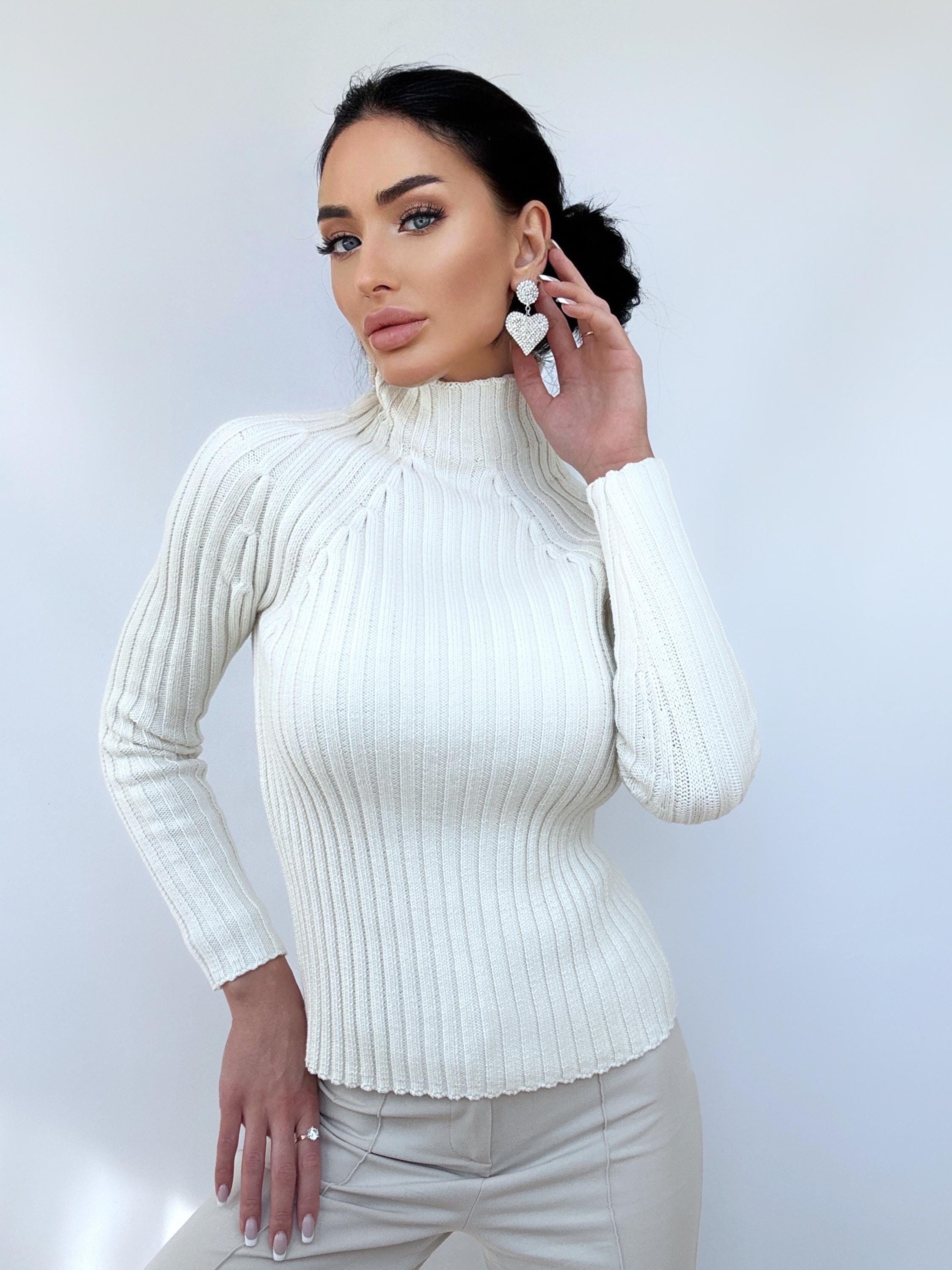 Organic Cotton Knit White Turtleneck for women Ribbed Knitted Sweater Passion Long Sleeve Sweater Comfortable body-friendly longsleve