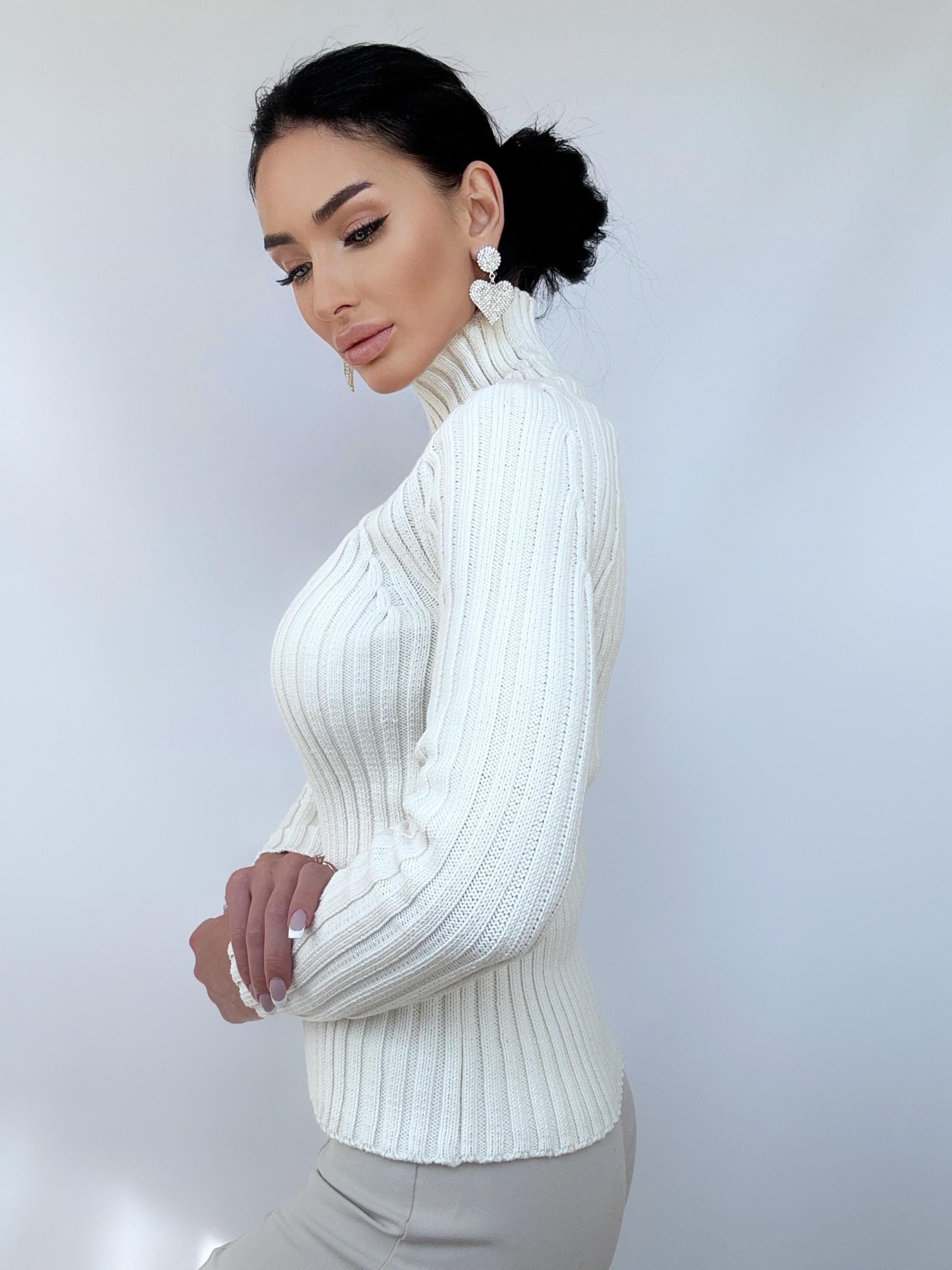 Organic Cotton Knit White High collar Turtleneck women Ribbed Knitted Sweater Passion Long Sleeve Comfortable body-friendly longsleve