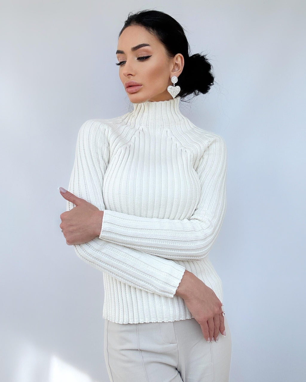 Organic Cotton Knit White High collar Turtleneck women Ribbed Knitted Sweater Passion Long Sleeve Comfortable body-friendly longsleve