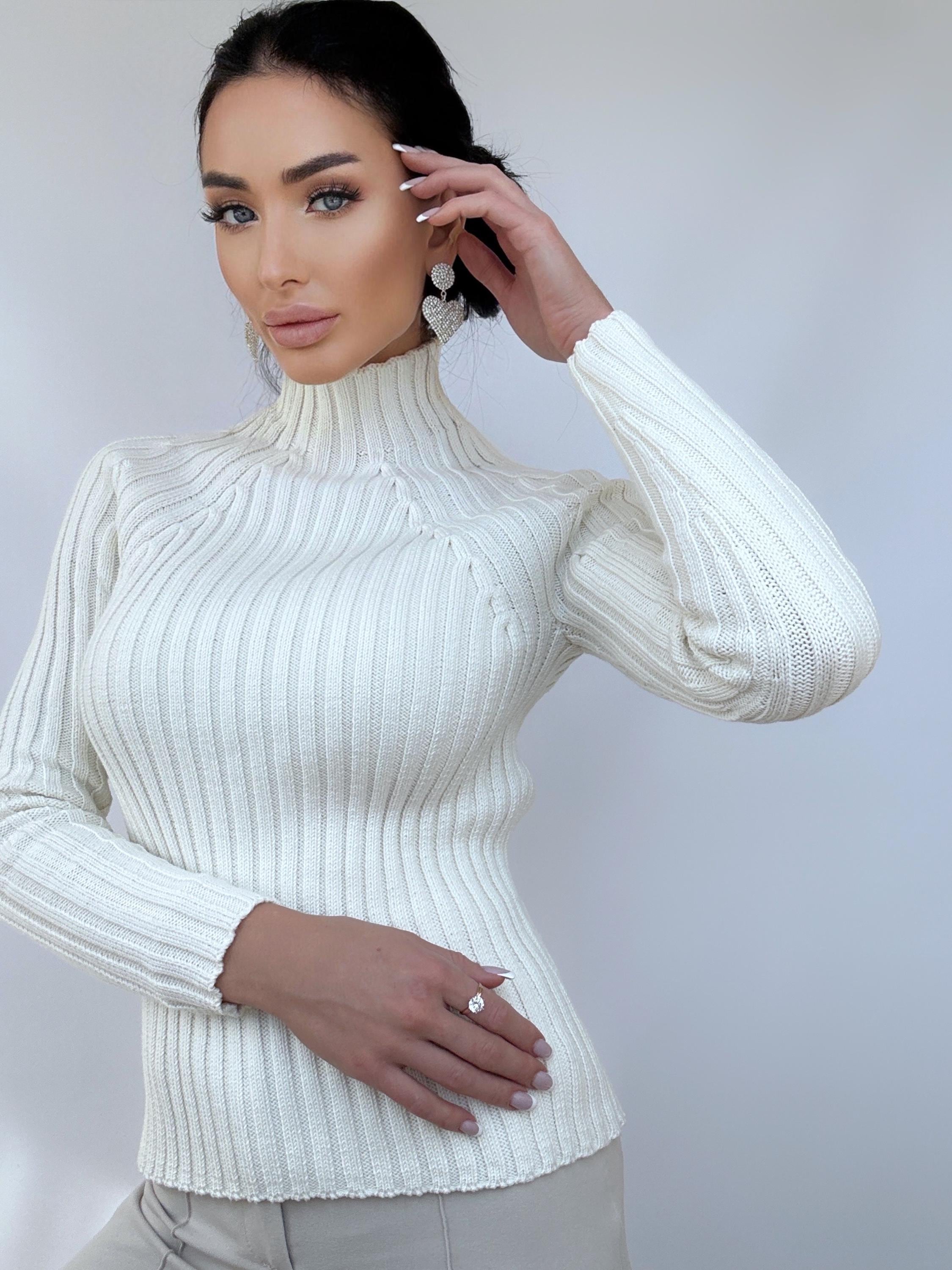 Organic Cotton Knit White Turtleneck for women Ribbed Knitted Sweater Passion Long Sleeve Sweater Comfortable body-friendly longsleve