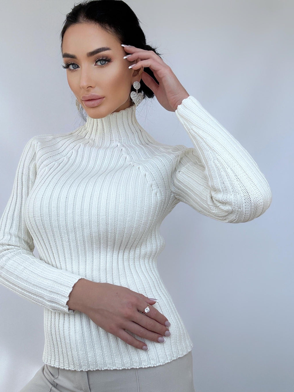 Organic Cotton Knit White High collar Turtleneck women Ribbed Knitted Sweater Passion Long Sleeve Comfortable body-friendly longsleve