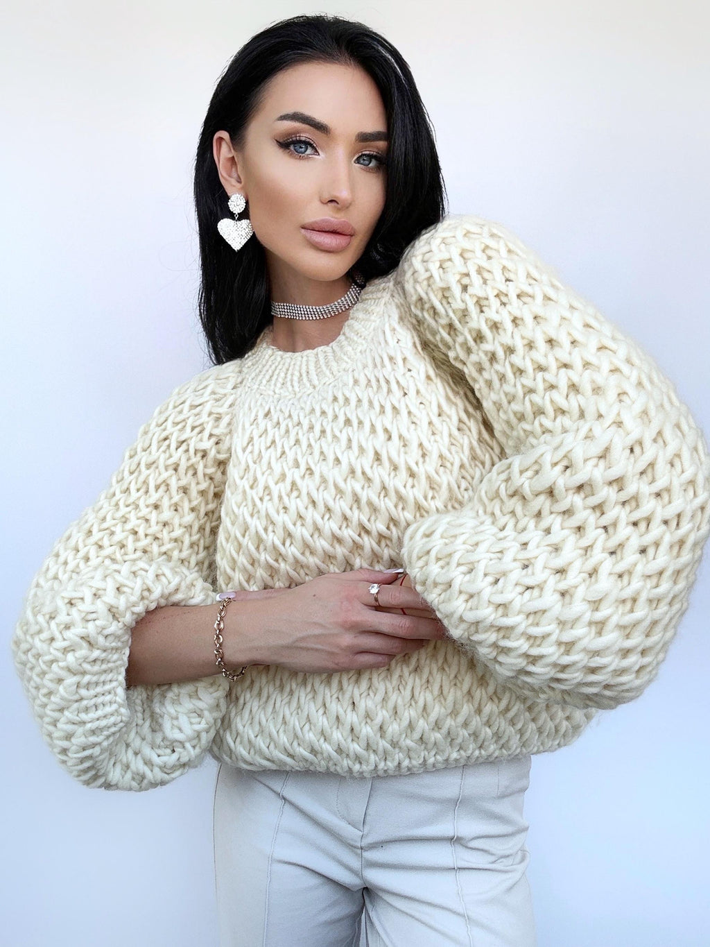 Cable knit alpaca wool Austrian wool Milk White sweater Hand knit Pastel cropped sweater Chunky knit crop Fall jumper Oversized sweater