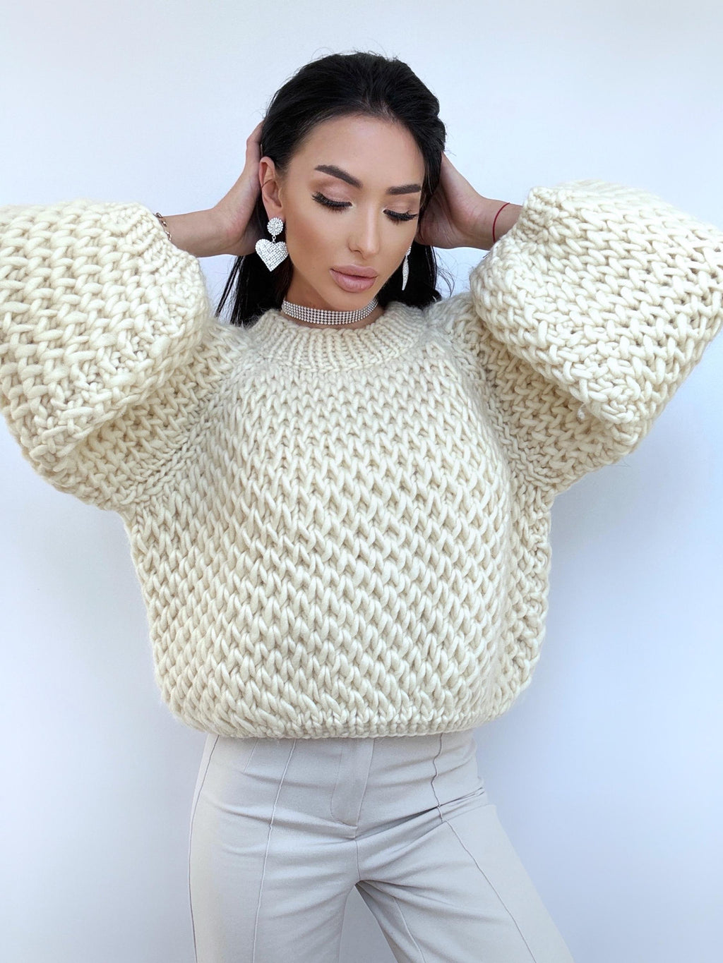 Cable knit alpaca wool Austrian wool Milk White sweater Hand knit Pastel cropped sweater Chunky knit crop Fall jumper Oversized sweater