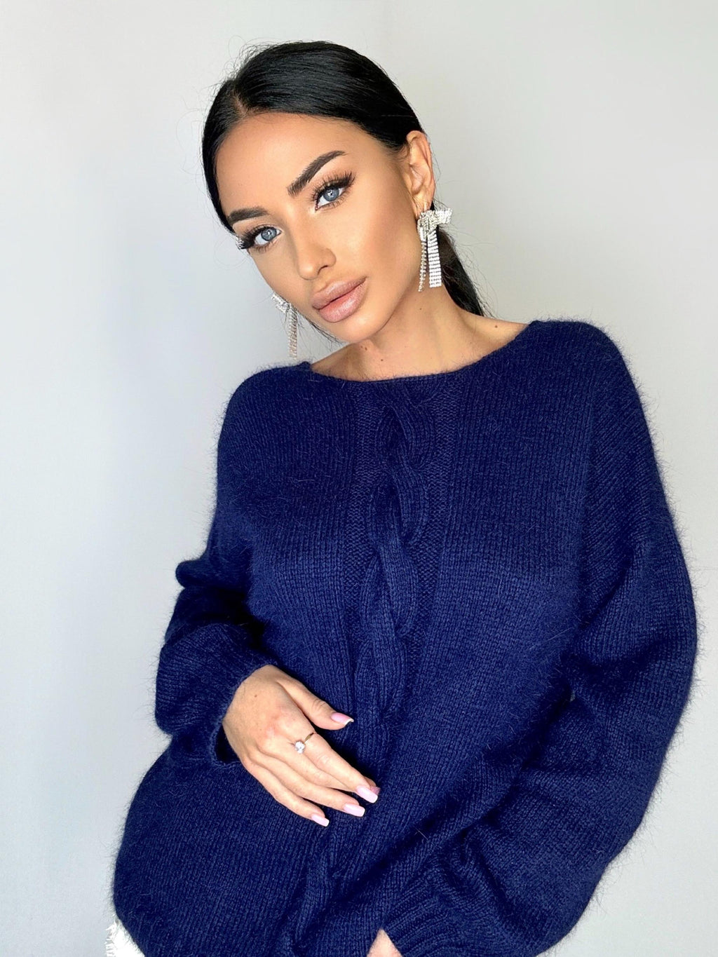 Dark blue angora sweater Open back Deep neckline Knit fluffy angora pullover Loose fit oversized V-neck Top long sleevs Cozy gift her