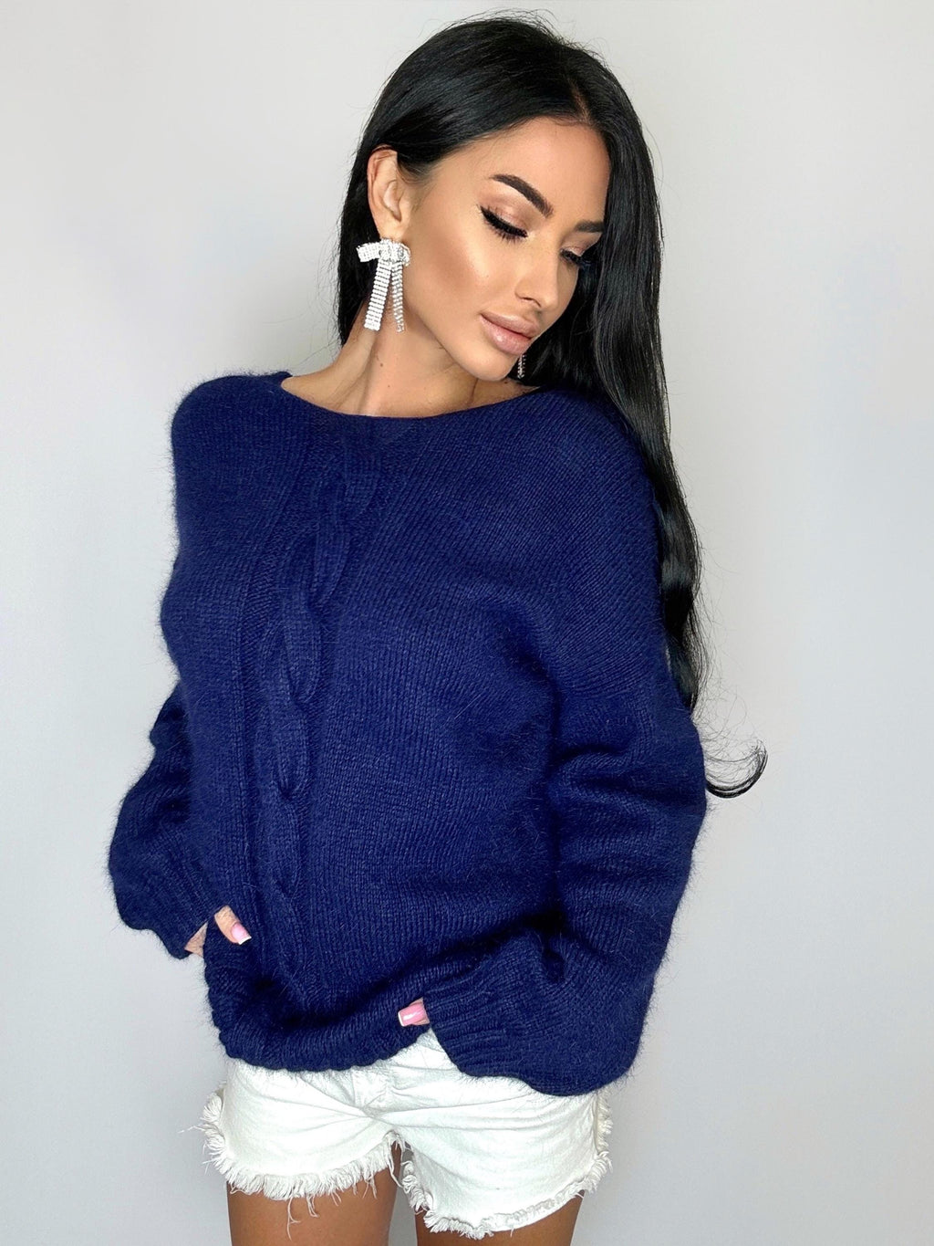 Dark blue angora sweater Open back Deep neckline Knit fluffy angora pullover Loose fit oversized V-neck Top long sleevs Cozy gift her