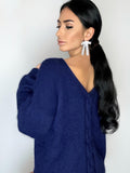 Dark blue angora sweater Open back Deep neckline Knit fluffy angora pullover Loose fit oversized V-neck Top long sleevs Cozy gift her
