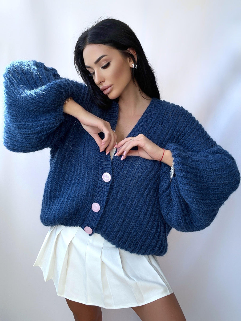 Mohair Blue Petrol Pink Buttons Cardigan Women Mohair Sweater Knitted Coat Jacket Women Wool Bolero Cape Fluffy Short Cardigan Fastening
