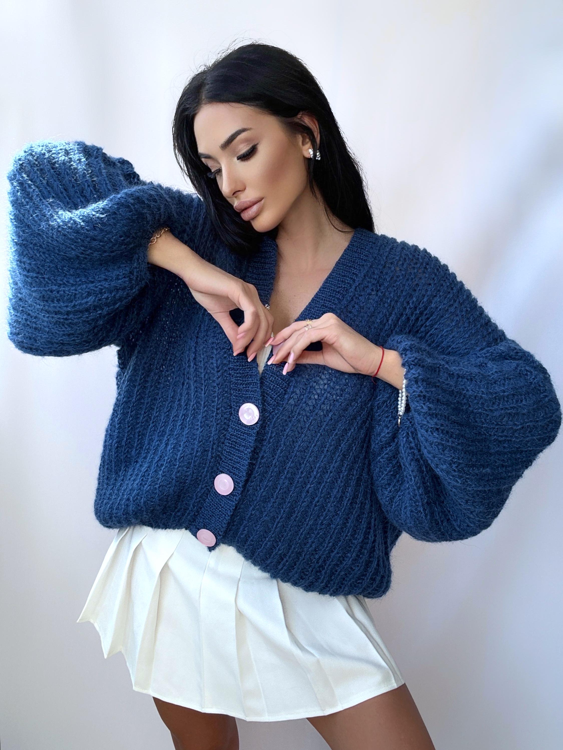 Knit mohair Blue Petrol Buttons Cardigan Women Mohair Sweater Knitted Coat Jacket Wool Bolero Cape Fluffy Crop fluffy Cardigan