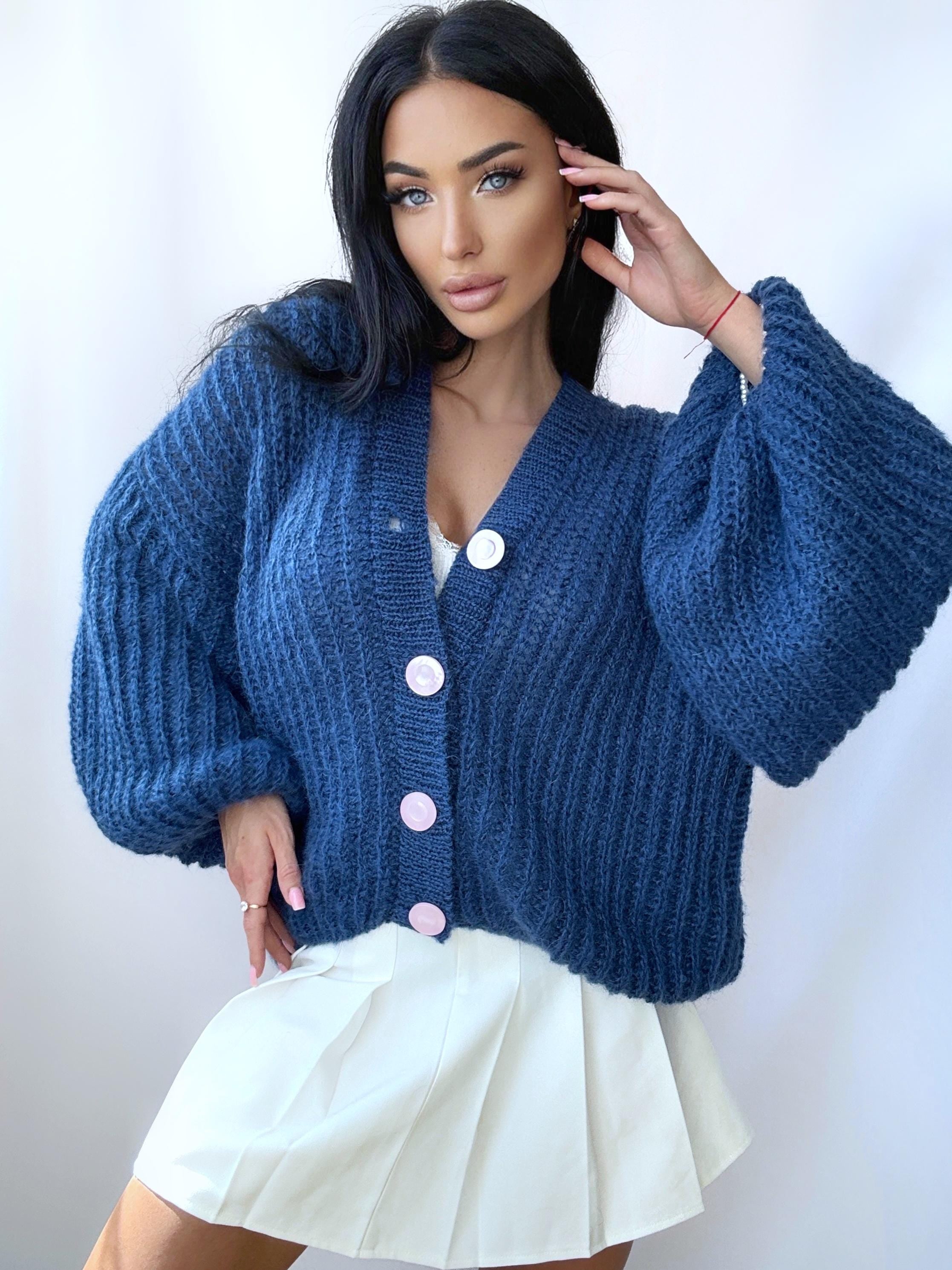 Mohair Blue Petrol Pink Buttons Cardigan Women Mohair Sweater Knitted Coat Jacket Women Wool Bolero Cape Fluffy Short Cardigan Fastening