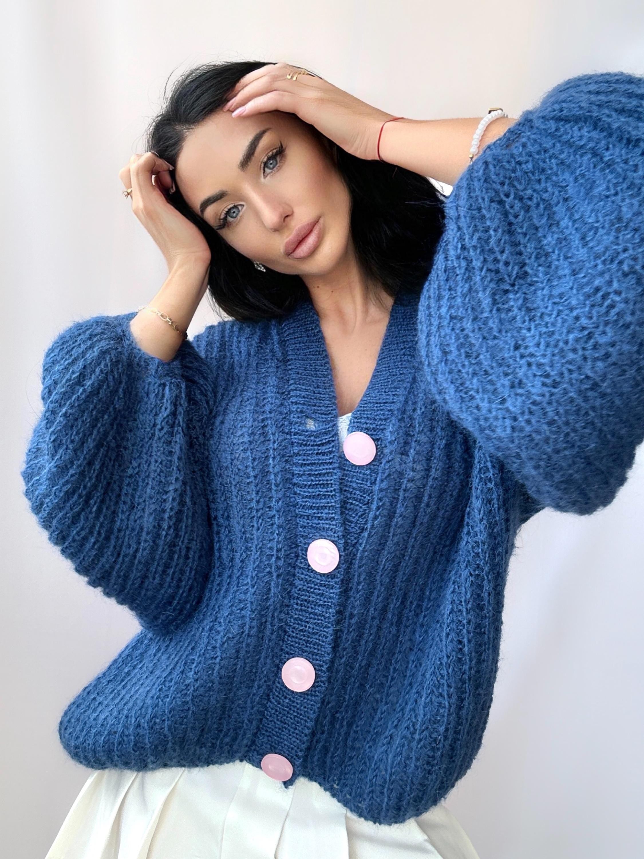 Knit mohair Blue Petrol Buttons Cardigan Women Mohair Sweater Knitted Coat Jacket Wool Bolero Cape Fluffy Crop fluffy Cardigan