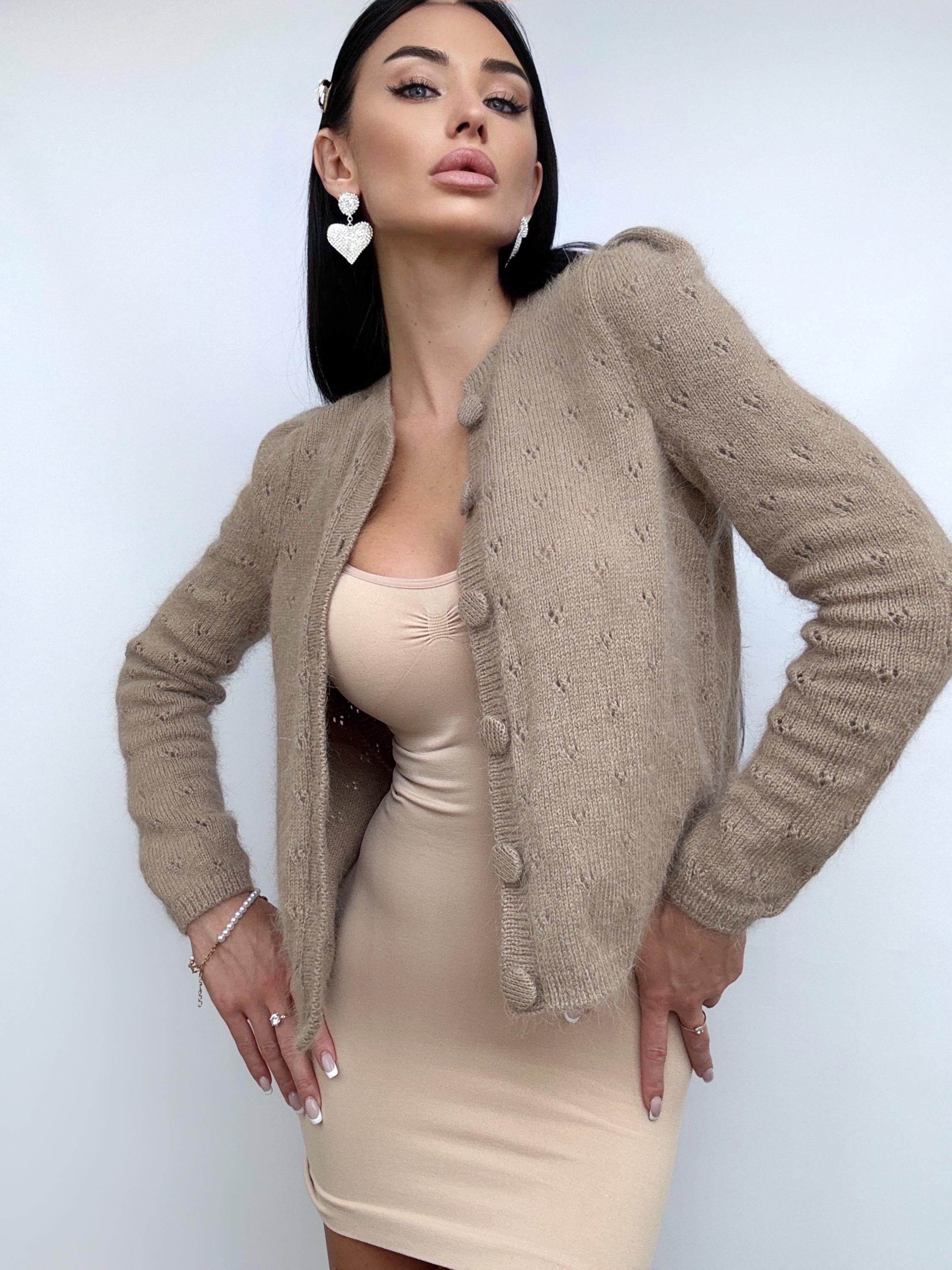 Angora cropped cardigan women Wedding vintage cardigan Angora sweater Beige knitted coat Jacket Wool bolero buttons Fluffy short cardigan