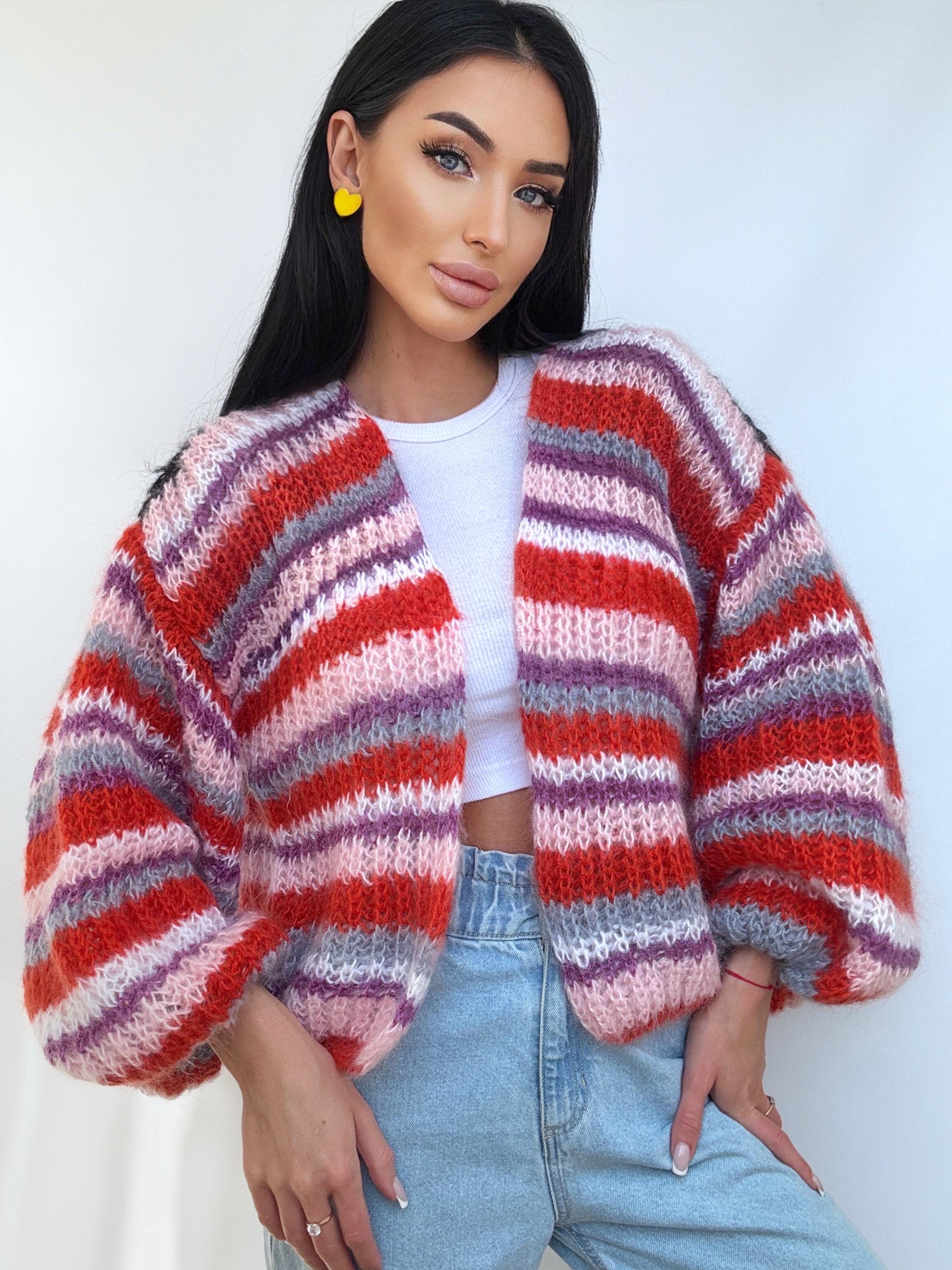 Hand knit mohair striped patchwork cardigan sweater Chunky knit colour block cardigan Multicolour Sweater Colourful Oversized Cardigan
