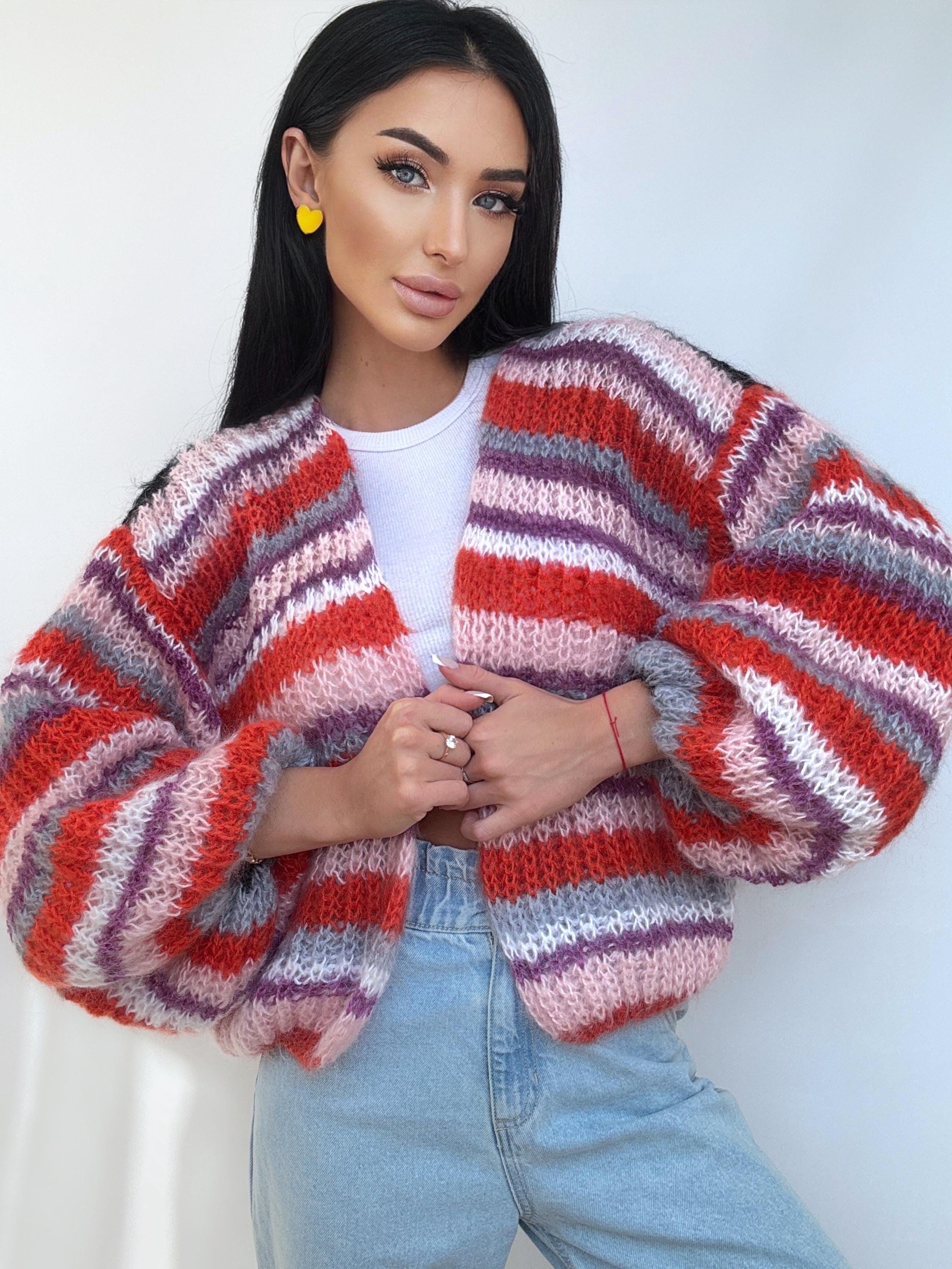 Hand knit mohair striped patchwork cardigan sweater Chunky knit colour block cardigan Multicolour Sweater Colourful Oversized Cardigan
