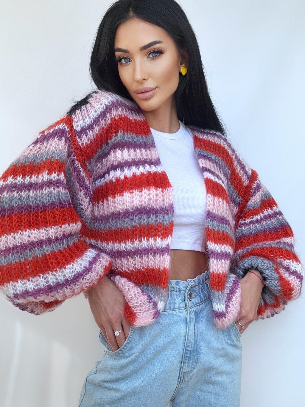 Hand knit mohair striped patchwork cardigan sweater Chunky knit colour block cardigan Multicolour Sweater Colourful Oversized Cardigan