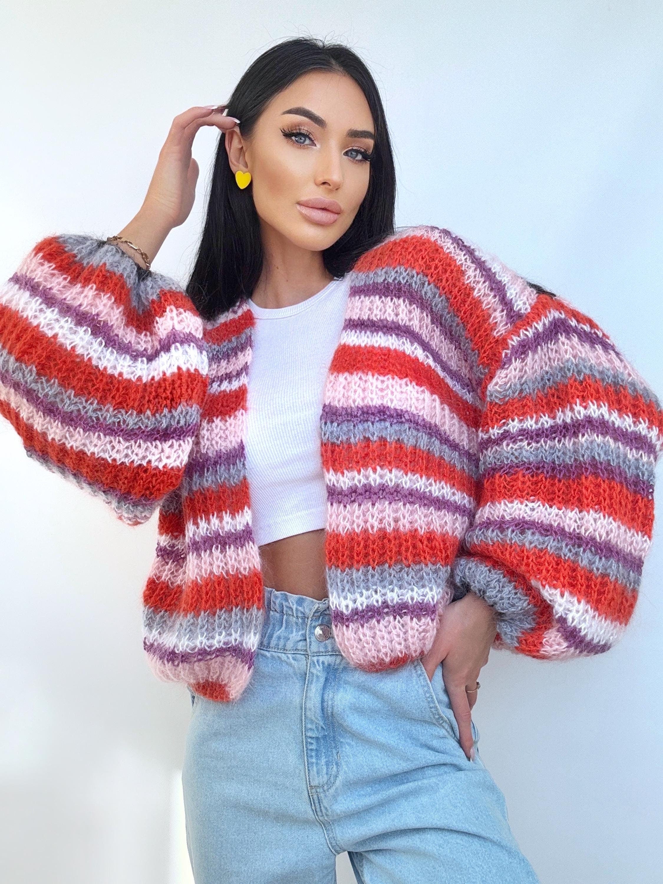 Hand knit mohair striped patchwork cardigan sweater Chunky knit colour block cardigan Multicolour Sweater Colourful Oversized Cardigan