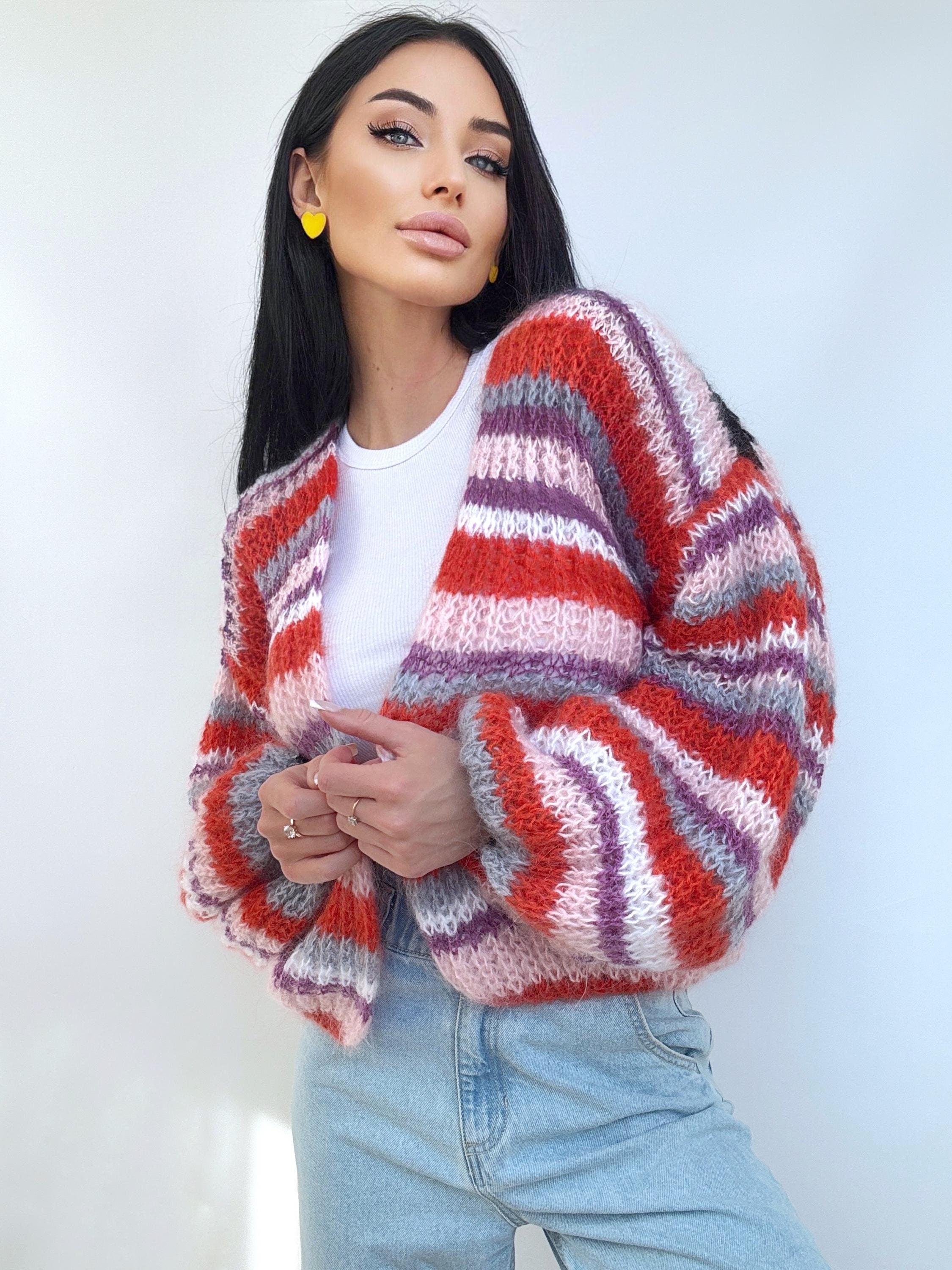 Hand knit mohair striped patchwork cardigan sweater Chunky knit colour block cardigan Multicolour Sweater Colourful Oversized Cardigan